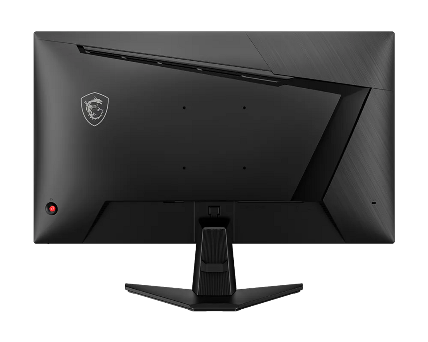 Retro di un monitor gaming MSI nero con logo drago argento e pulsante rosso.