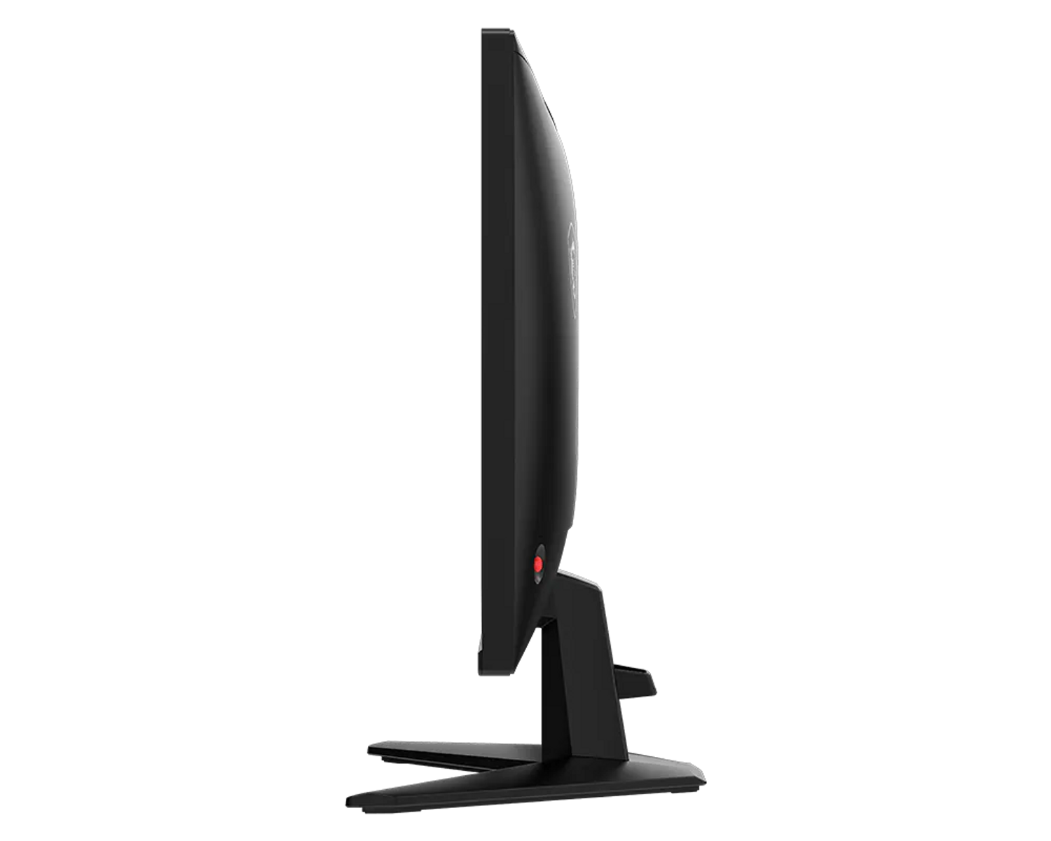 Monitor nero di profilo laterale con accento rosso sul supporto.