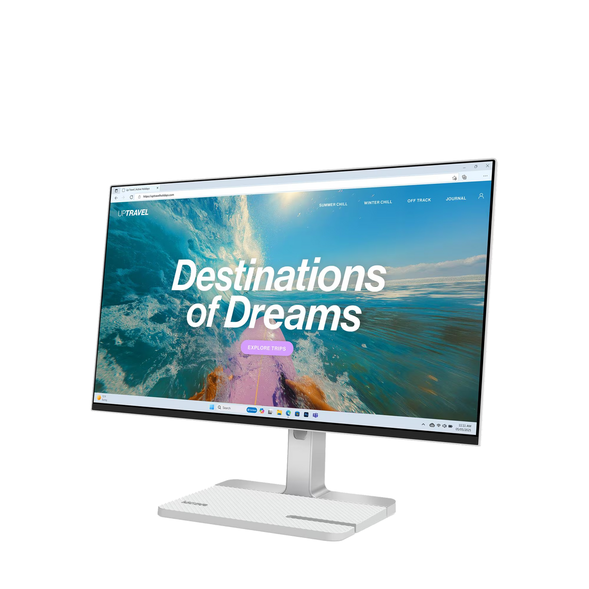 Monitor wyświetla stronę "Destinations of Dreams" z obrazem fal.