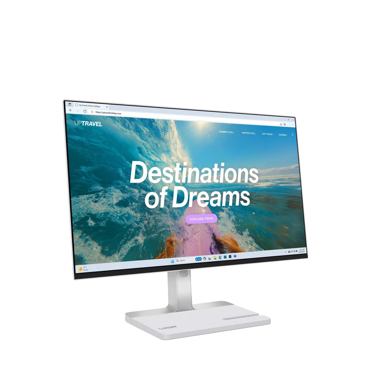 Monitor wyświetla stronę internetową z falami i tekstem „Destinations of Dreams”.