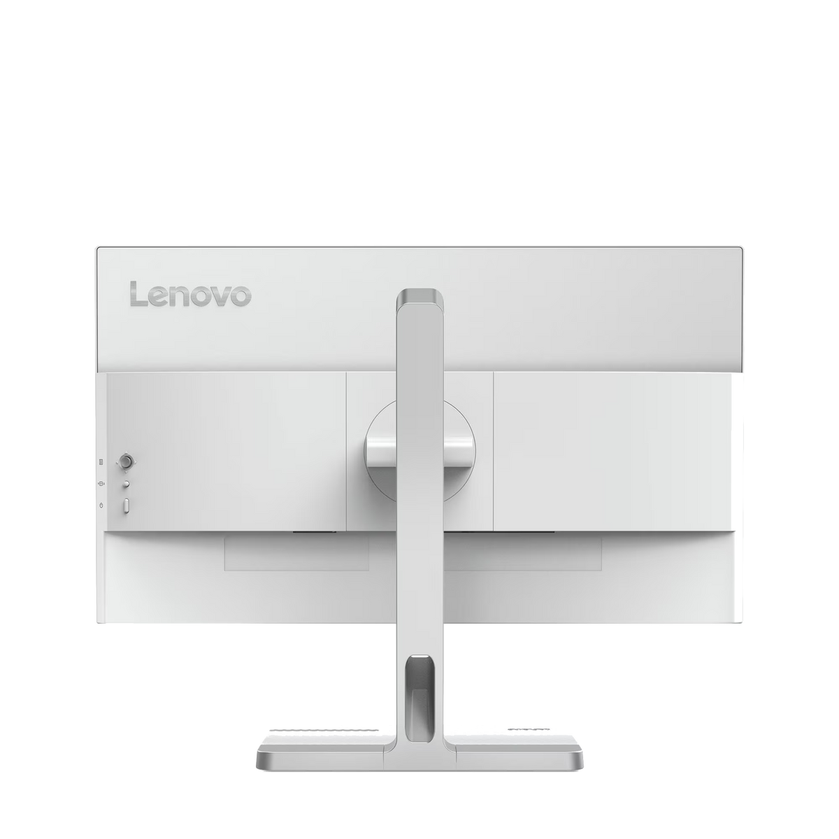 Tył białego monitora Lenovo ze srebrnym stojakiem i portami.