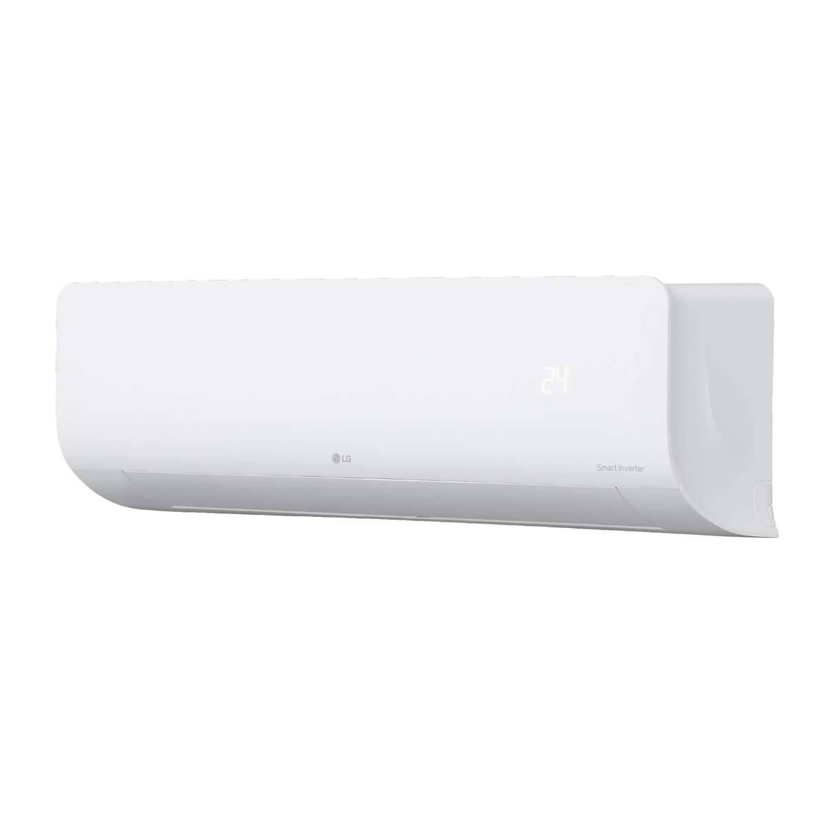 Un aire acondicionado LG Smart Inverter blanco montado en pared blanca, muestra 24 grados.