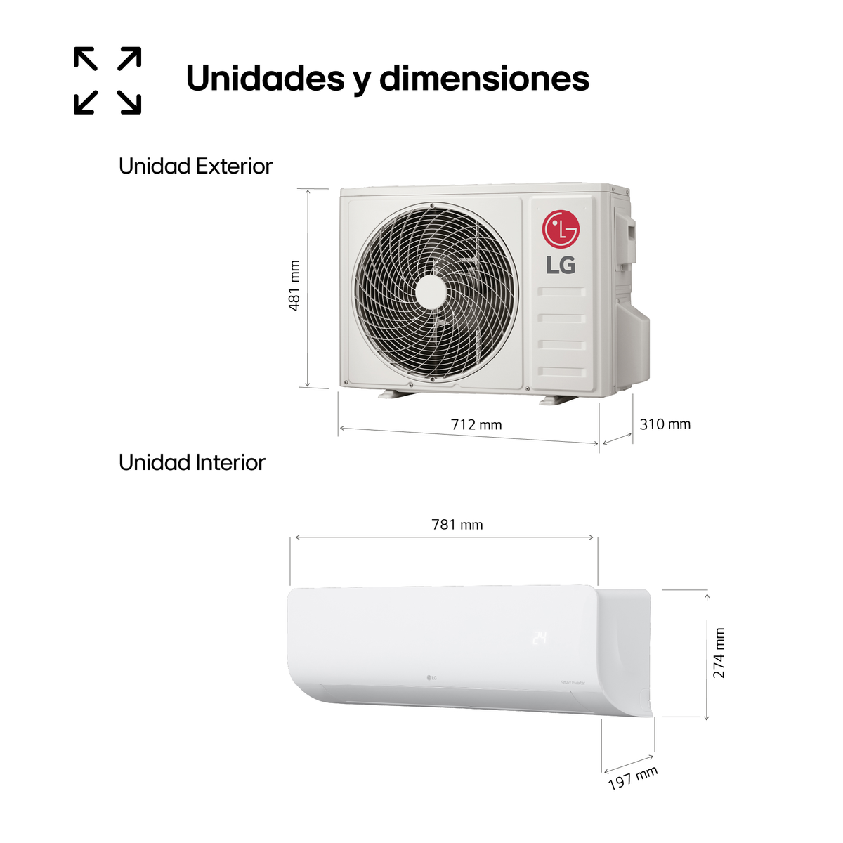 Dimensiones unidad AC LG: Exterior 712x481x310 mm, Interior 781x274x197 mm.