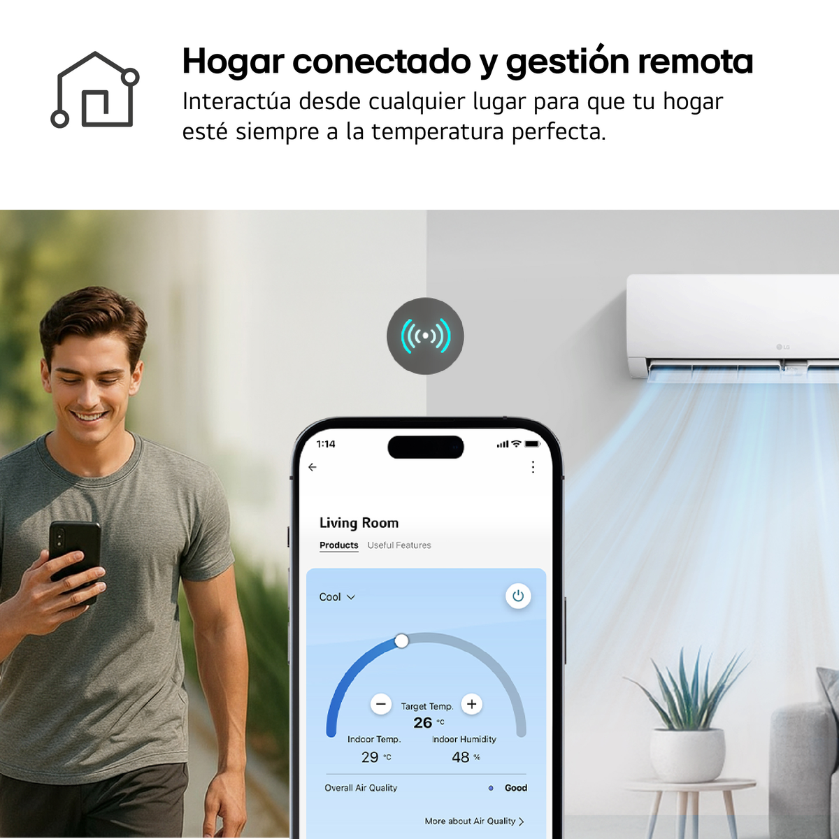 Hombre usa smartphone para controlar aire acondicionado por app.