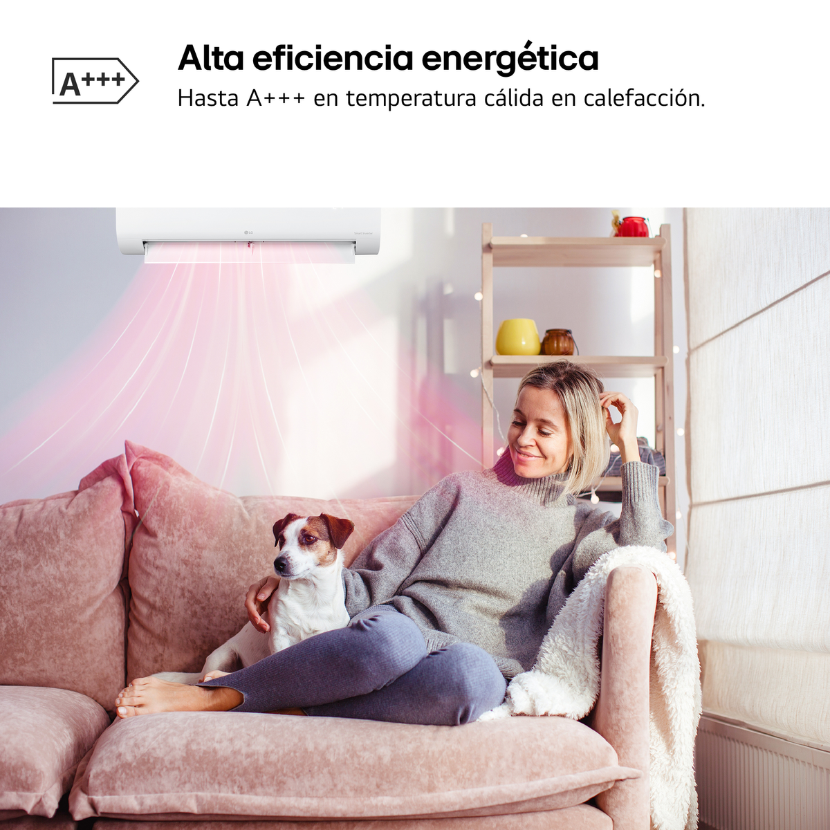 Una mujer y un perro se relajan en un sofá mientras un aire acondicionado emite aire.