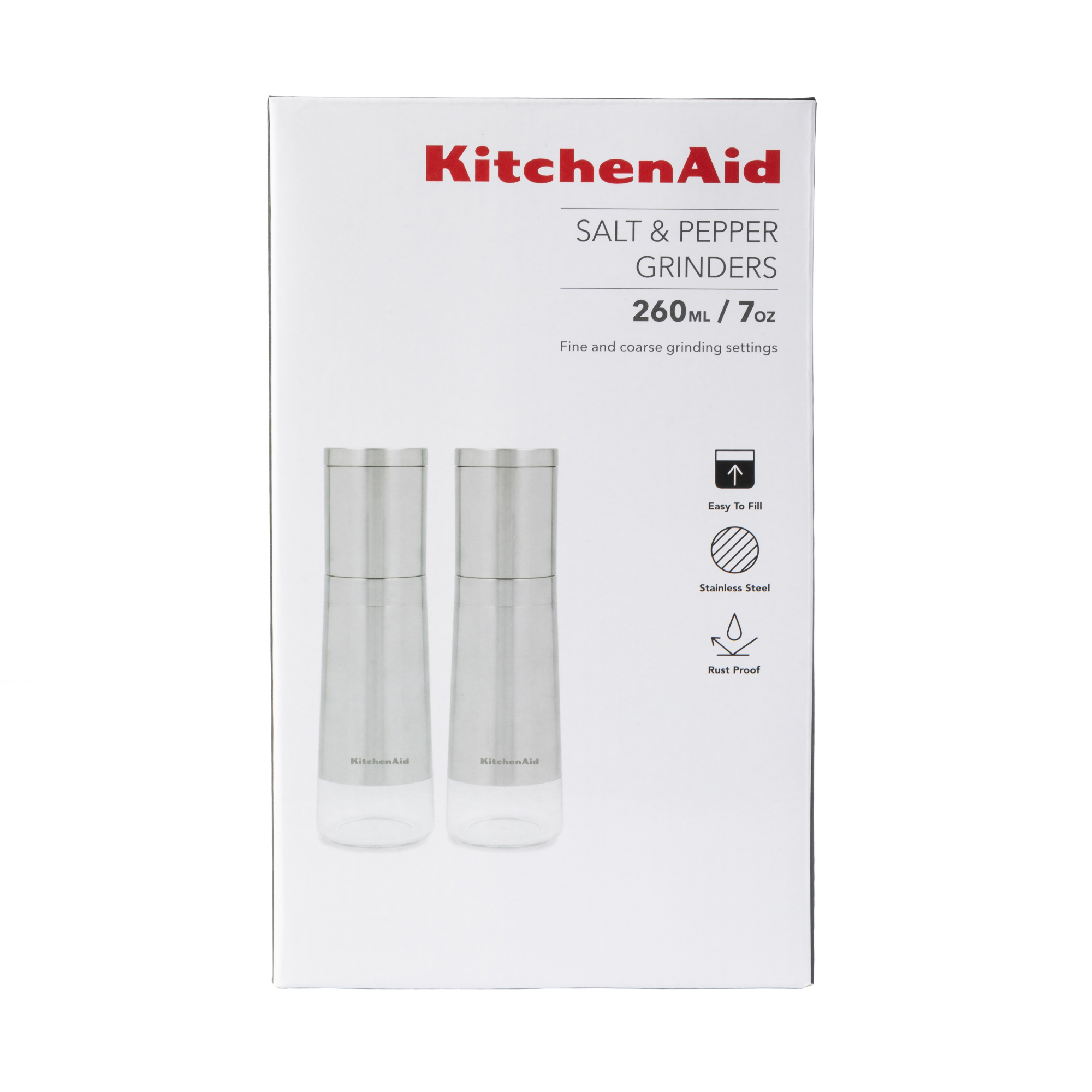 Verpackung zeigt zwei KitchenAid Salz- & Pfeffermühlen, 260ml/7oz, leicht zu befüllen, Edelstahl.