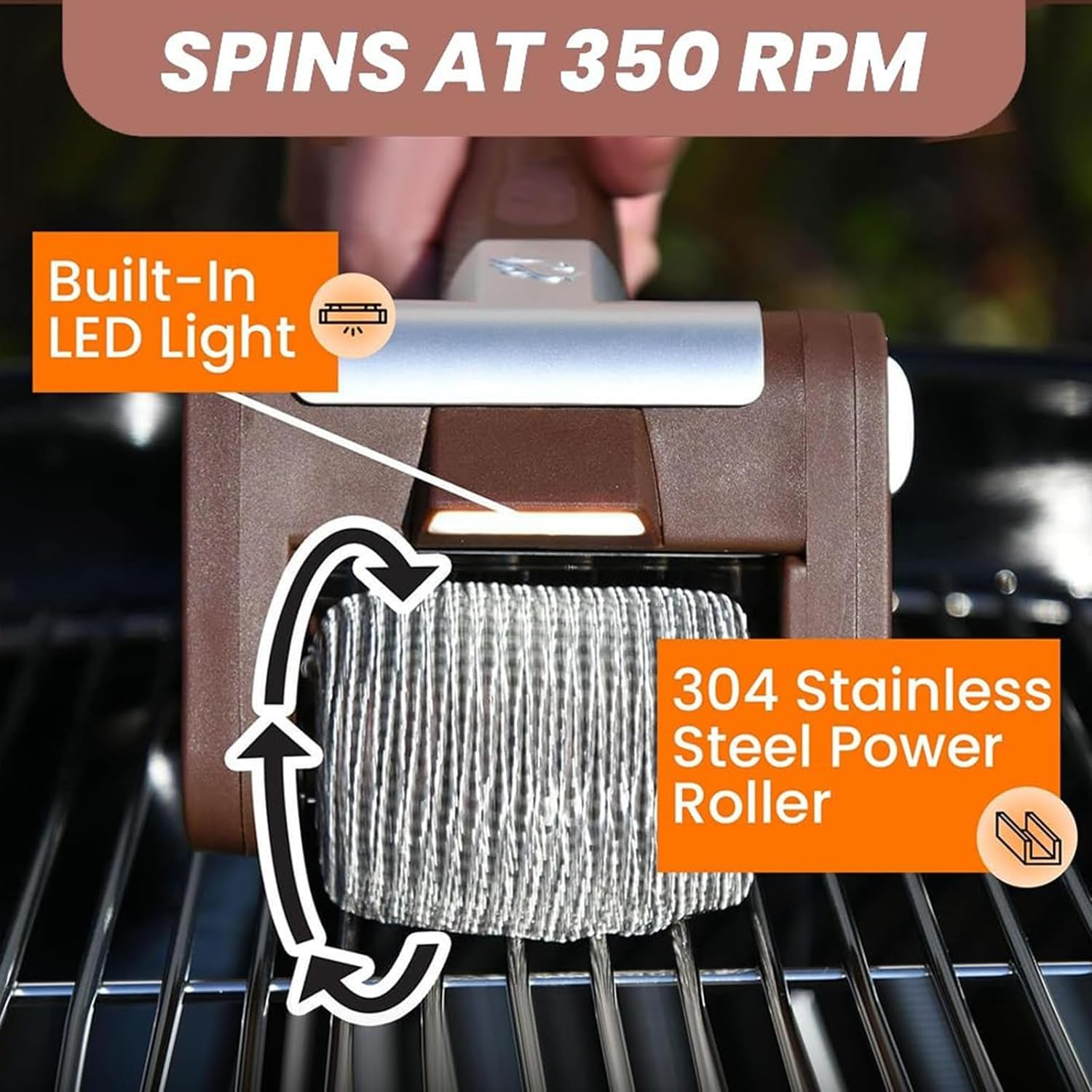 Grillbürste mit LED-Licht und 304 Edelstahlwalze dreht sich mit 350 U/min.