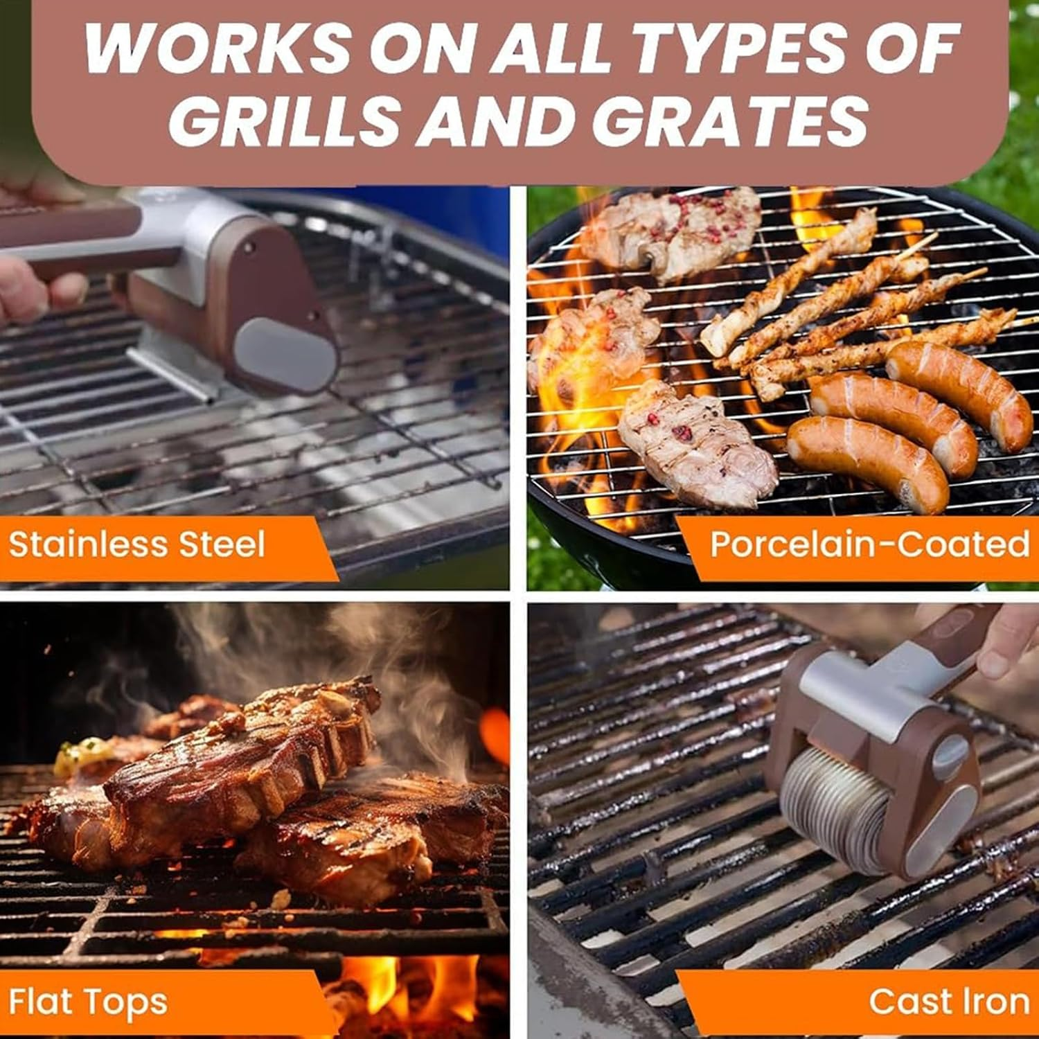 Grillreiniger auf verschiedenen Grillrosten: Edelstahl, Porzellan, Flachgrills, Gusseisen.