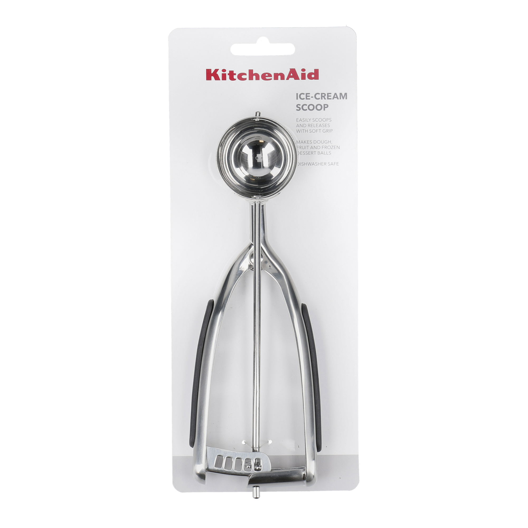 KitchenAid Eiskugelportionierer aus Metall mit schwarzem Griff, verpackt.