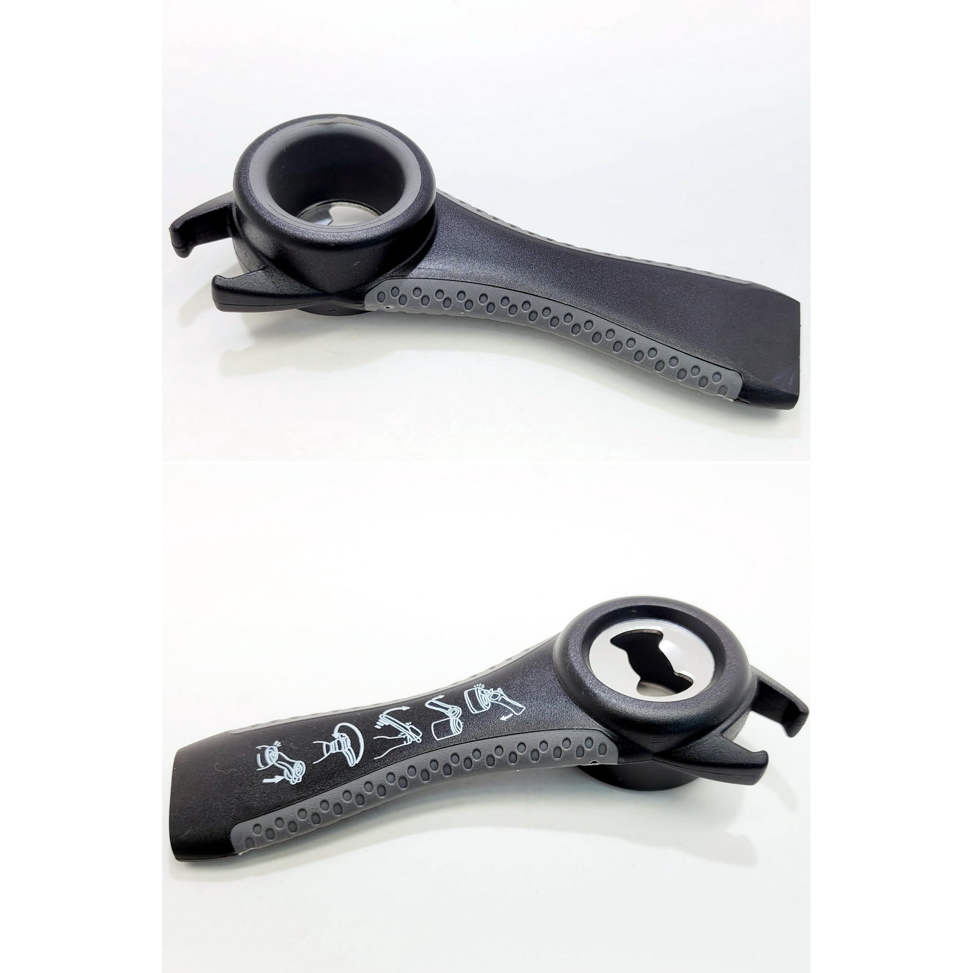 Ein schwarzer Multifunktions-Flaschenöffner mit ergonomischem Griff und verschiedenen Öffnungsfunktionen.