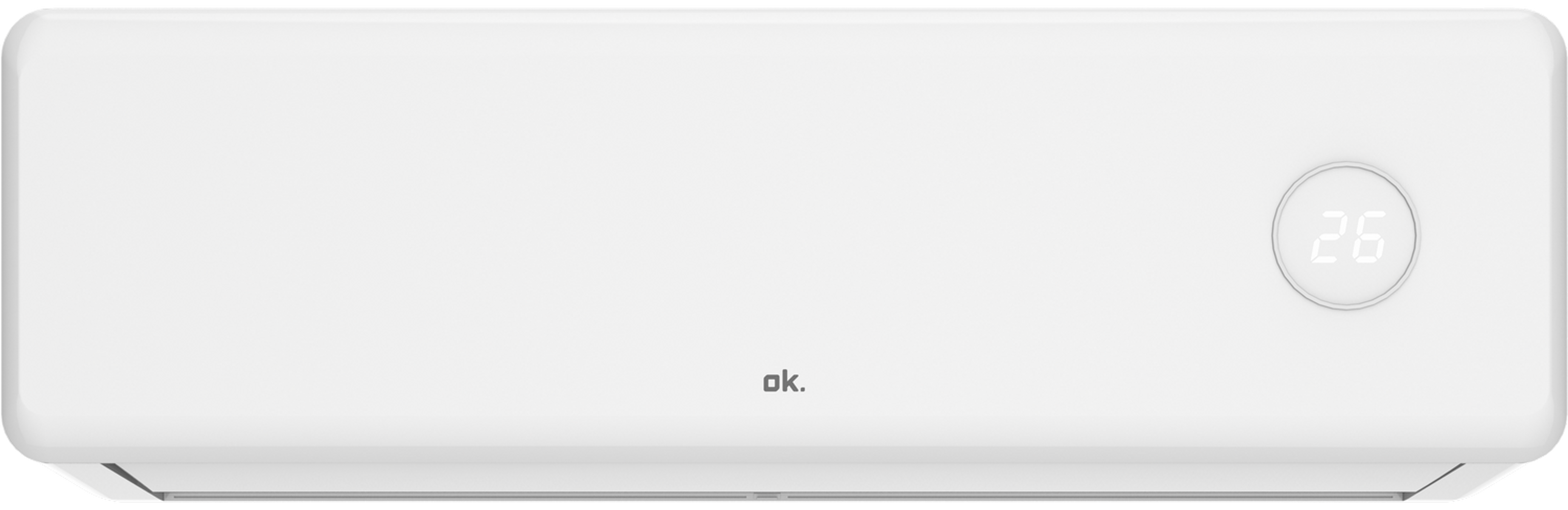 Un aire acondicionado blanco con pantalla digital de 26 grados.