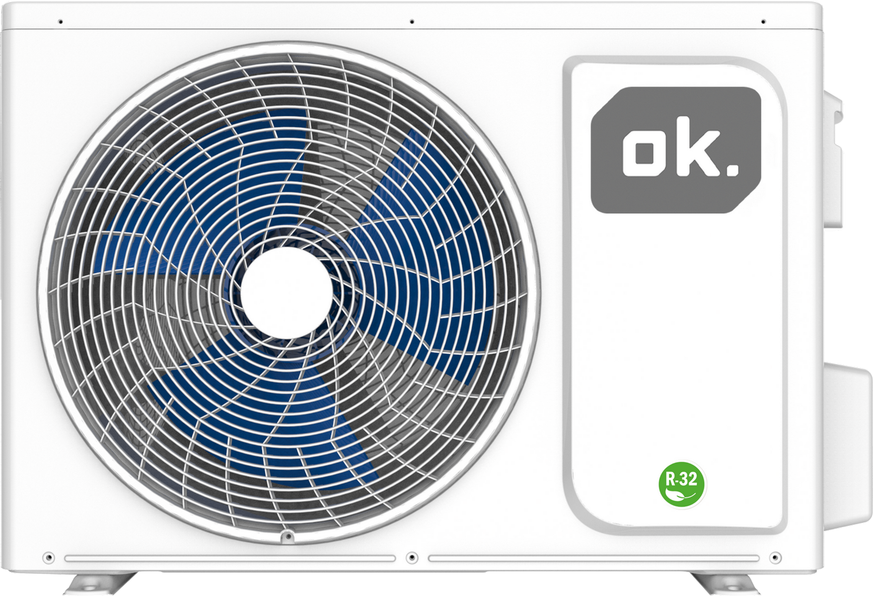 Unidad de aire acondicionado blanca con ventilador azul y 