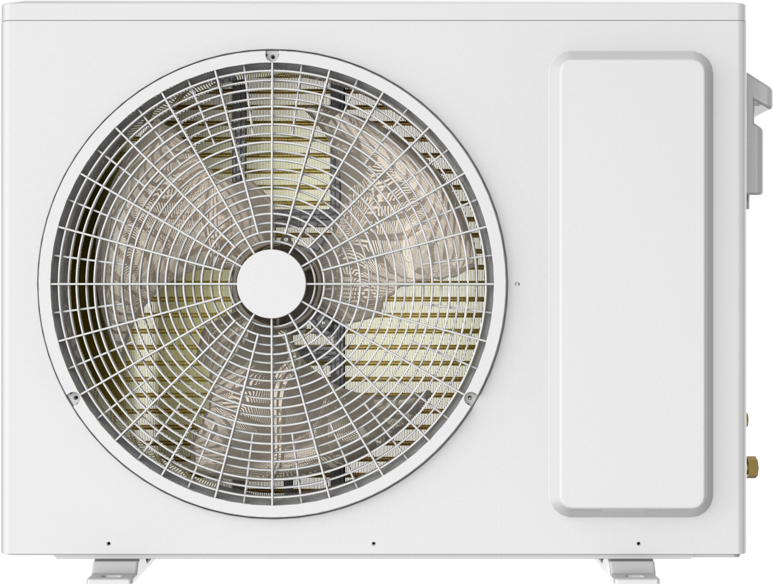 Unidad exterior de aire acondicionado blanca con rejilla y ventilador grandes.