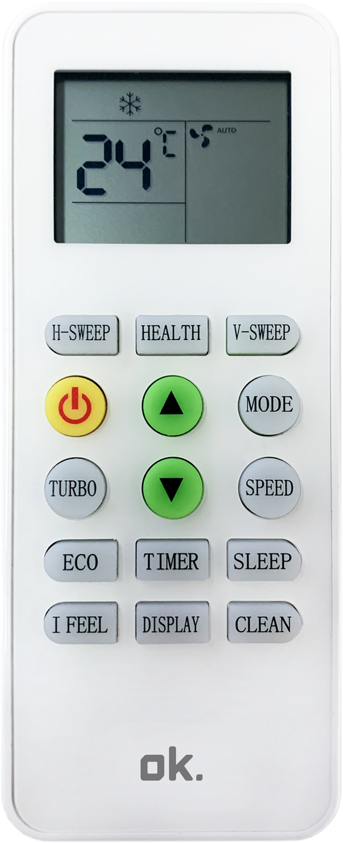 Mando blanco con pantalla LCD que muestra 24 grados. Botones para H-Sweep, Health, V-Sweep, Turbo, Mode, Speed, Eco, Timer, Sleep, I Feel, Display, Clean.