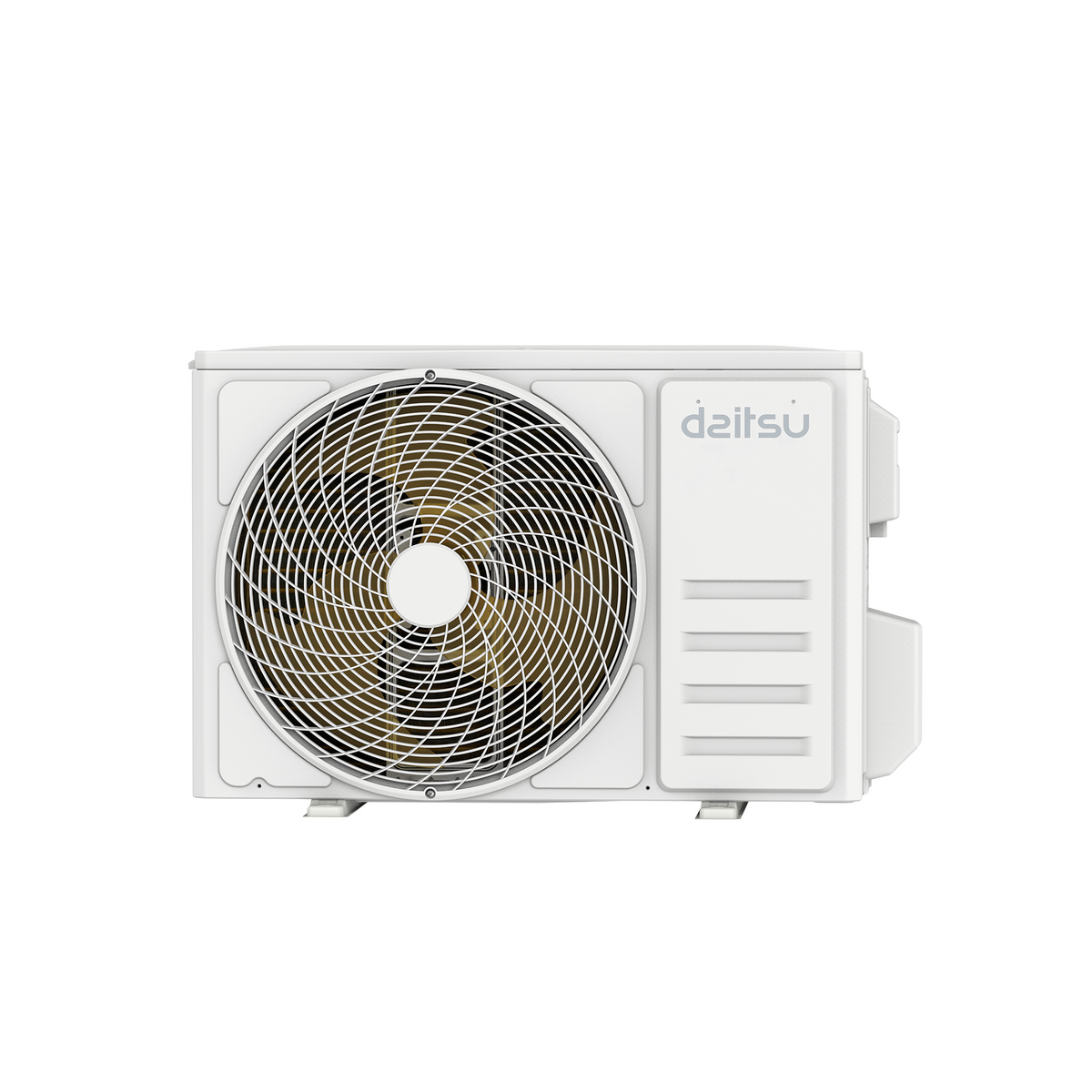 Una unidad de aire acondicionado blanca con ventilador y logo Daitsu.
