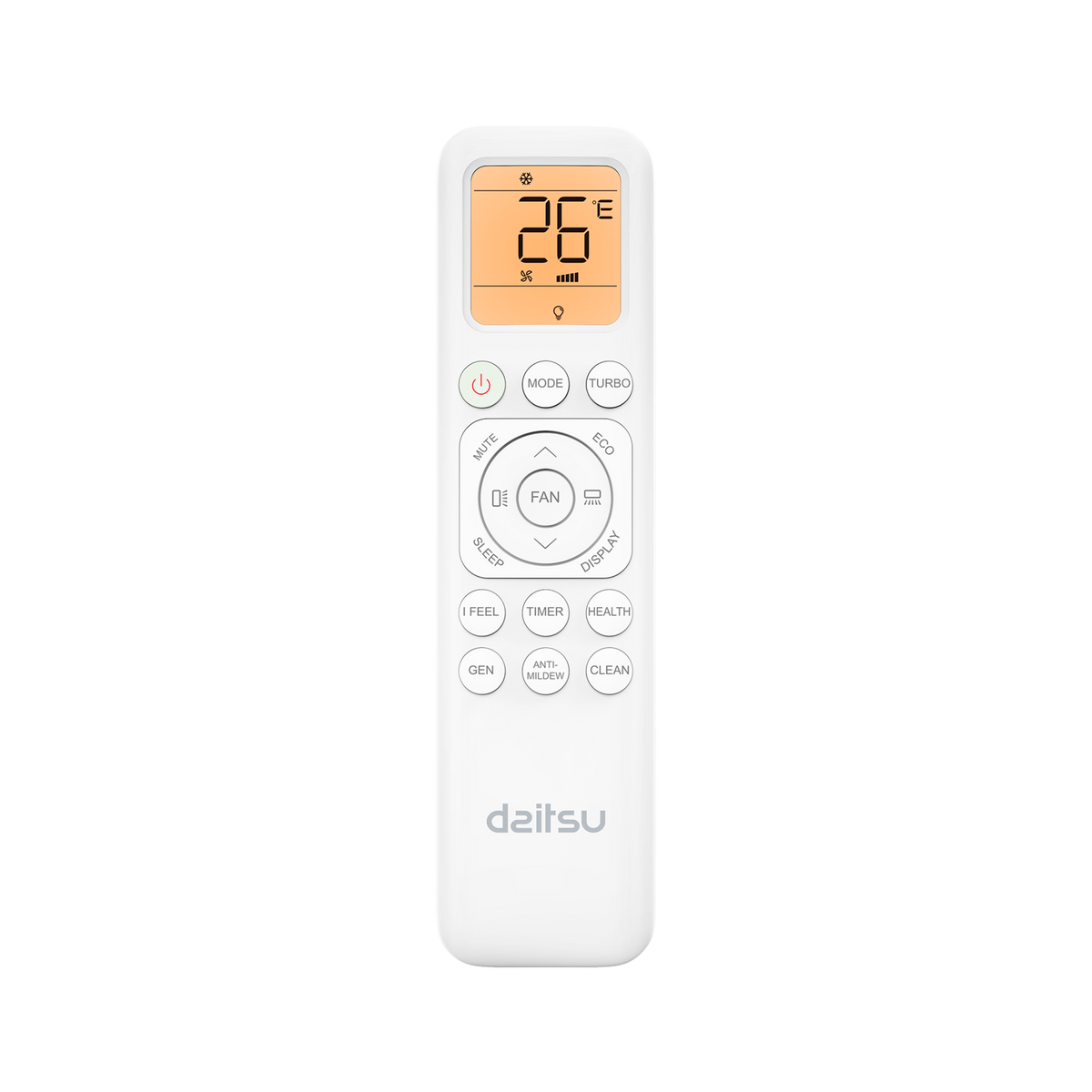 Mando a distancia blanco con pantalla LCD que muestra 26°C.