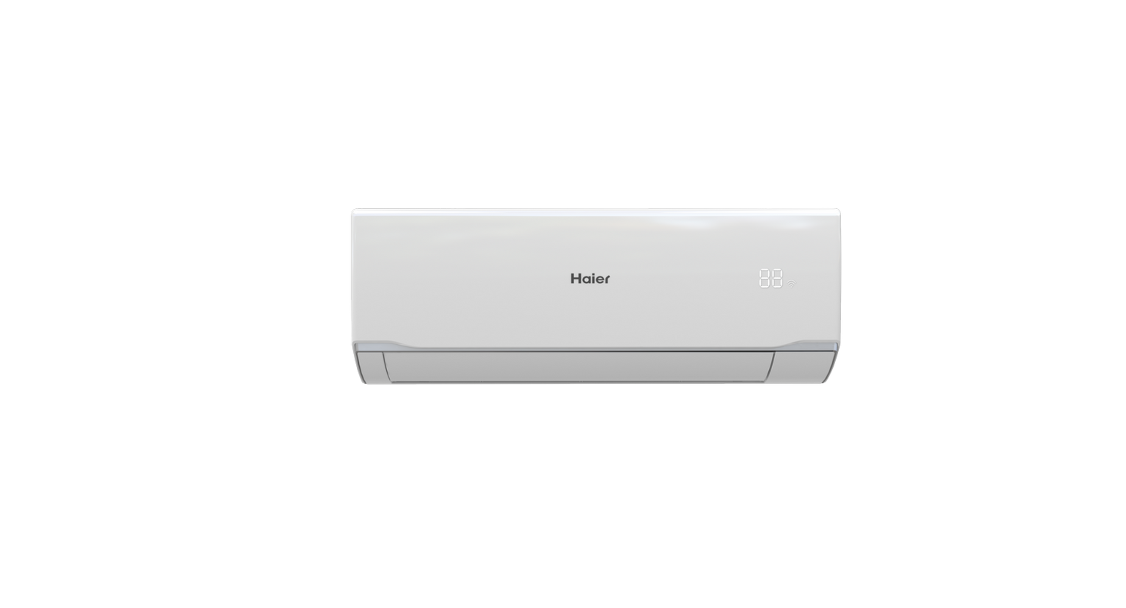 Una unidad de aire acondicionado Haier blanca con pantalla digital.