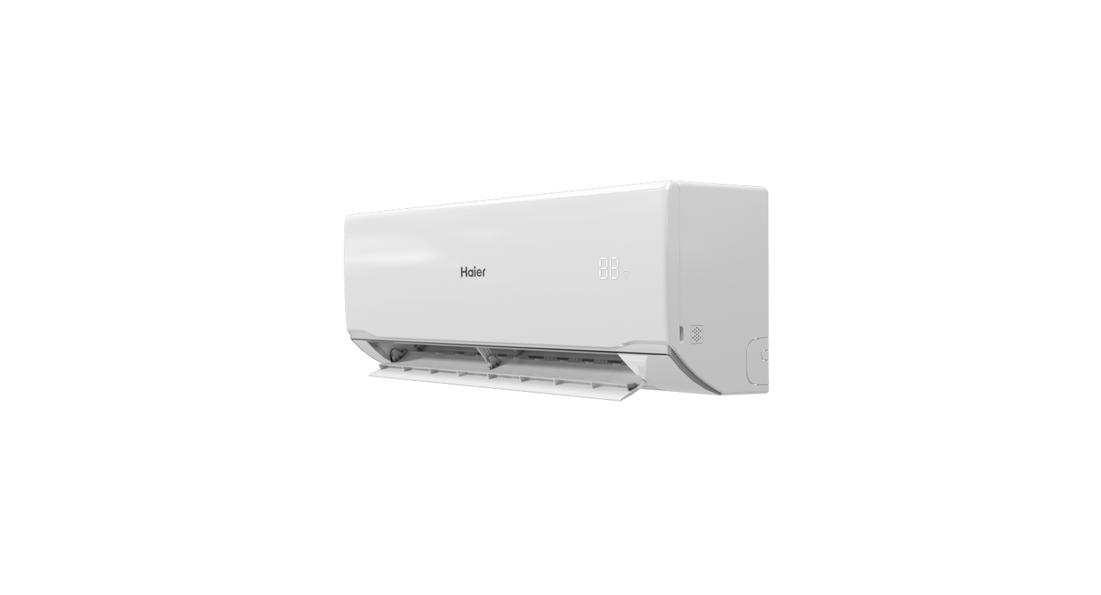 Un aire acondicionado Haier blanco con rejillas abiertas y pantalla digital.