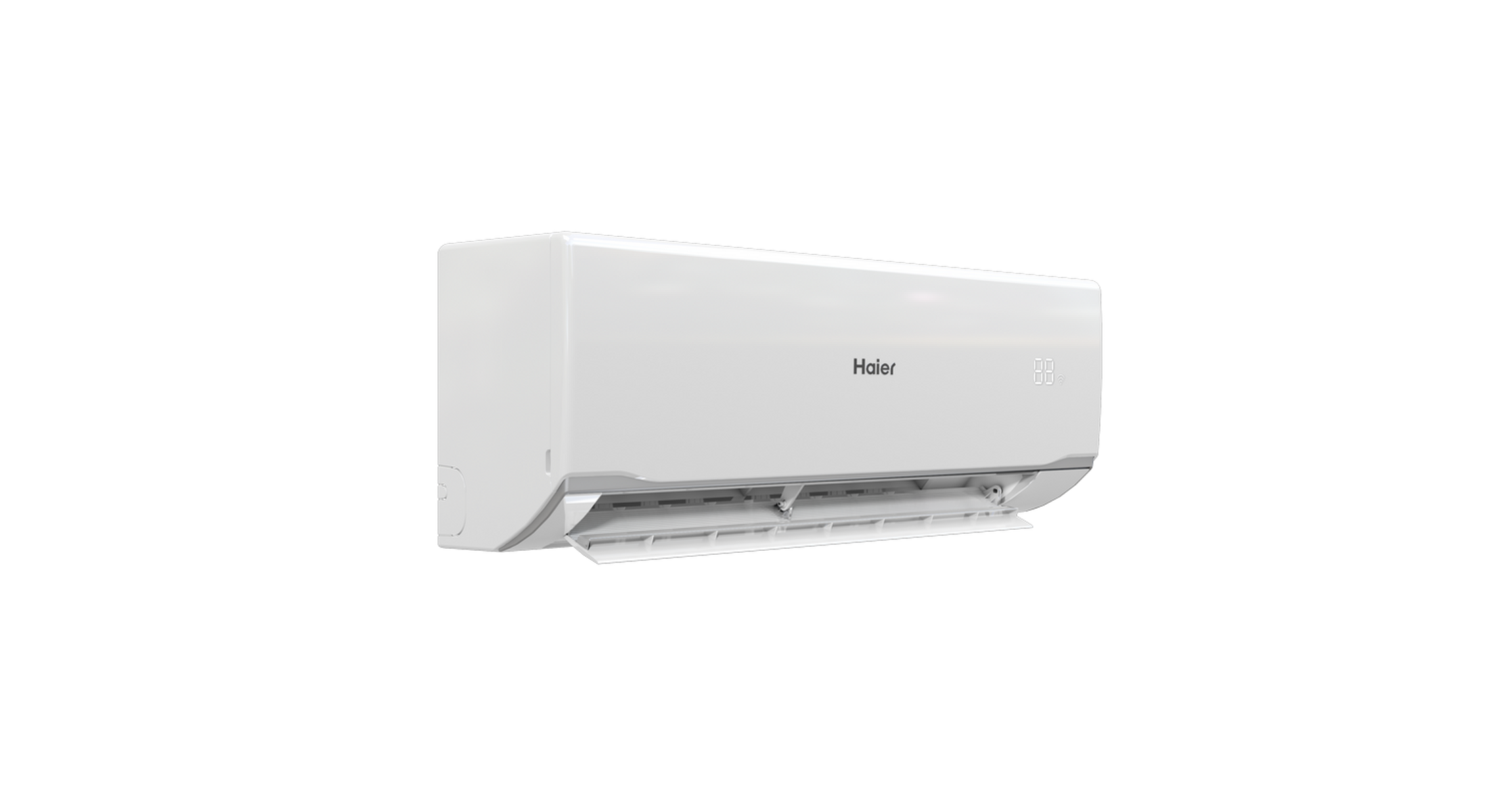 Una unidad interior de aire acondicionado Haier blanca con rejillas abiertas.