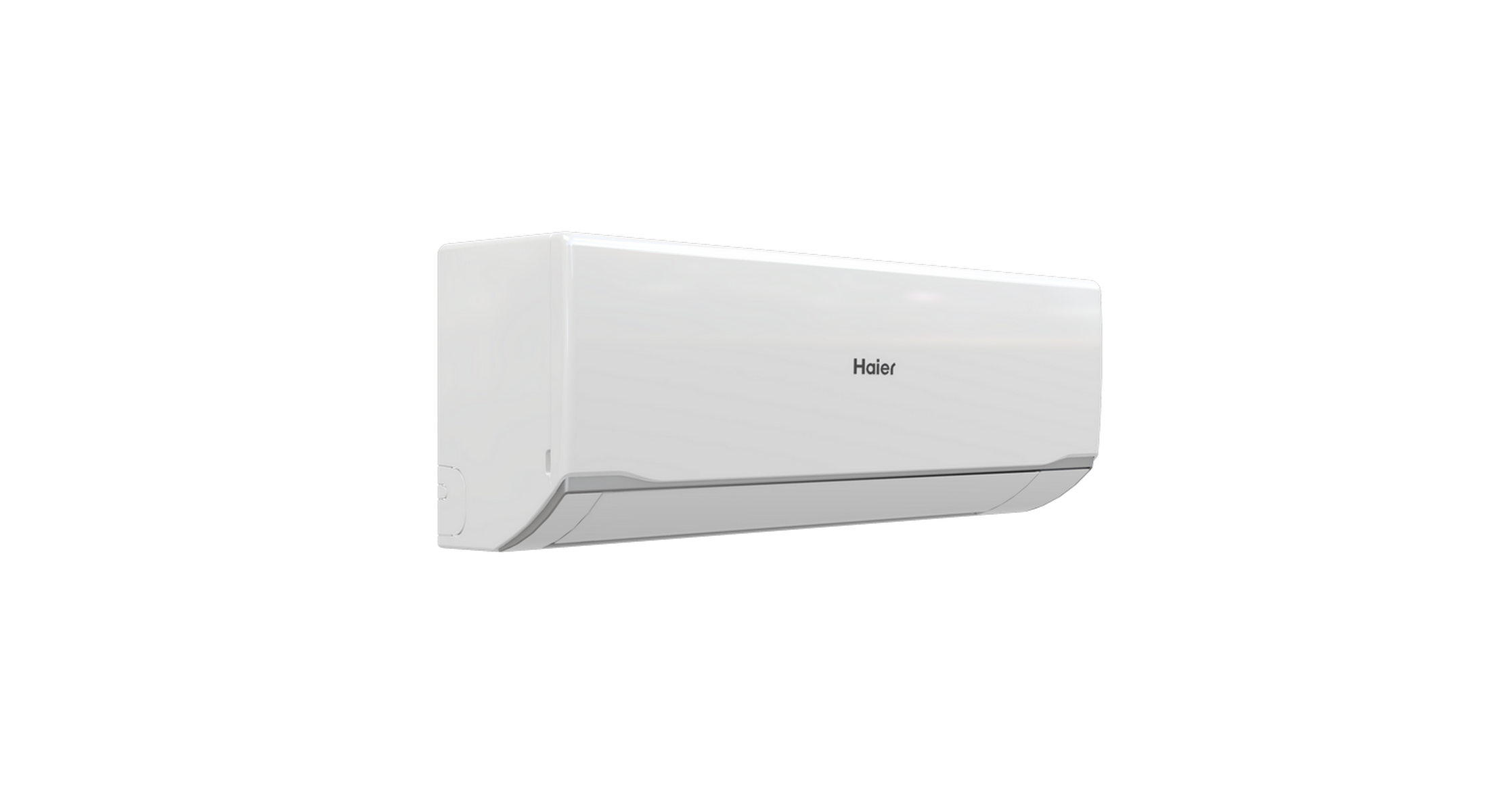 Un aire acondicionado Haier blanco con detalles plateados sobre fondo negro.