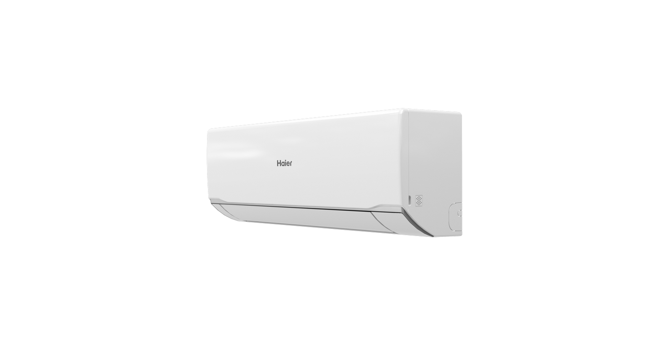 Un aire acondicionado Haier blanco sobre fondo negro.
