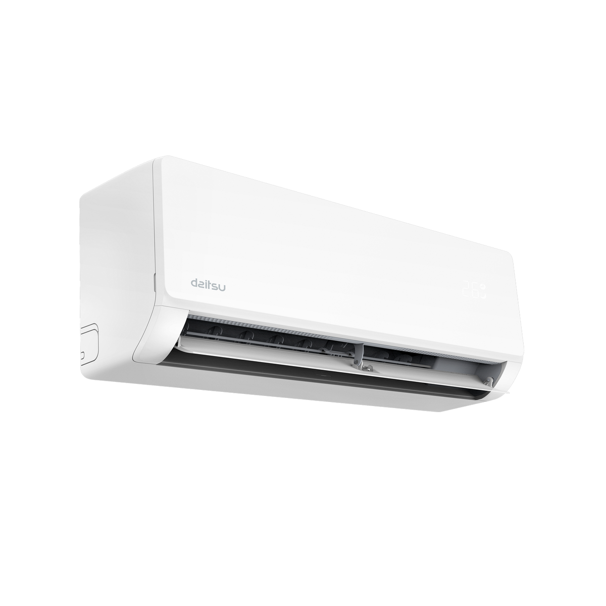 Un aire acondicionado blanco Daitsu con pantalla digital.