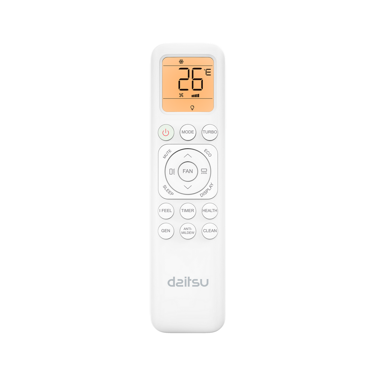 Un mando a distancia blanco con pantalla naranja que muestra 26°C e iconos.