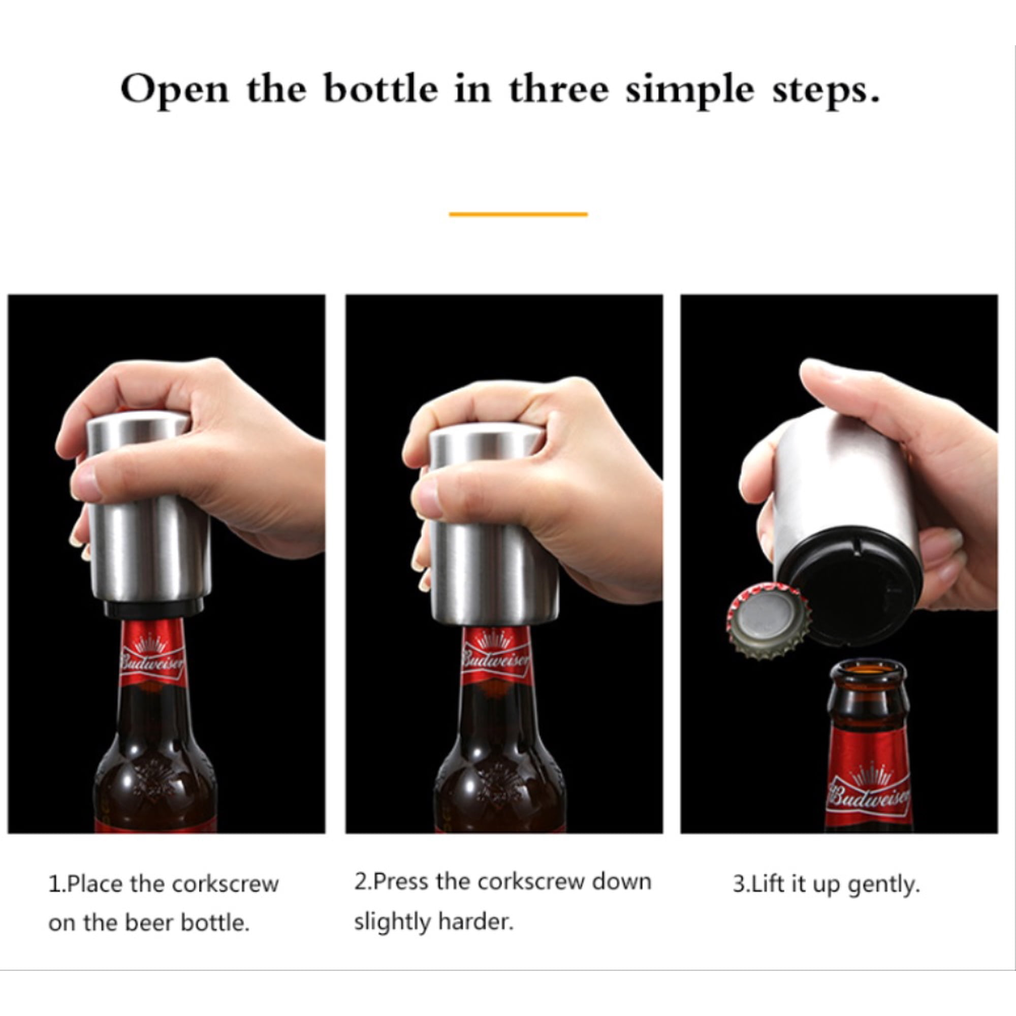 Schritte zum Öffnen einer Bierflasche mit einem Korkenzieher.