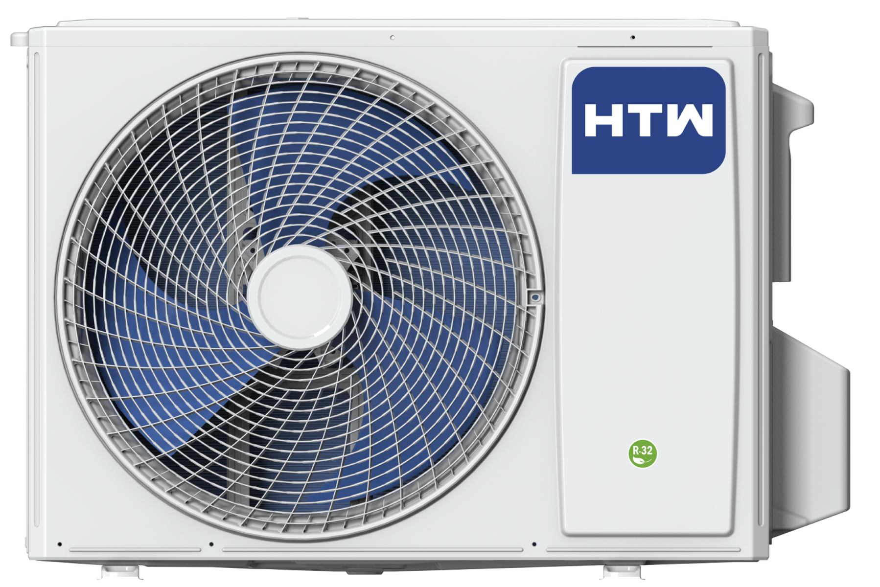 Una unidad exterior de aire acondicionado blanca con ventilador azul y logo HTW.