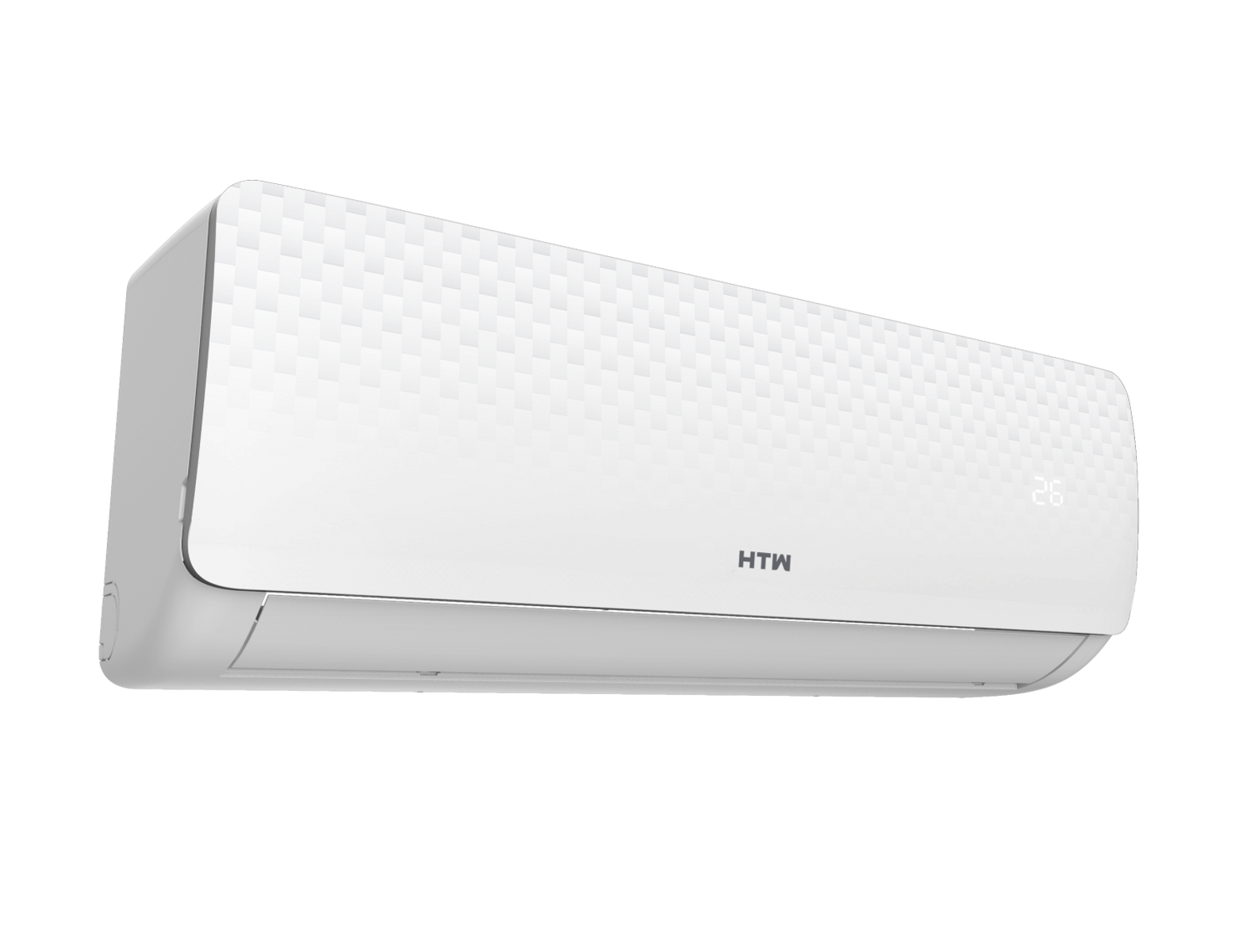 Un aire acondicionado blanco con logo HTW y pantalla digital de 26 grados.