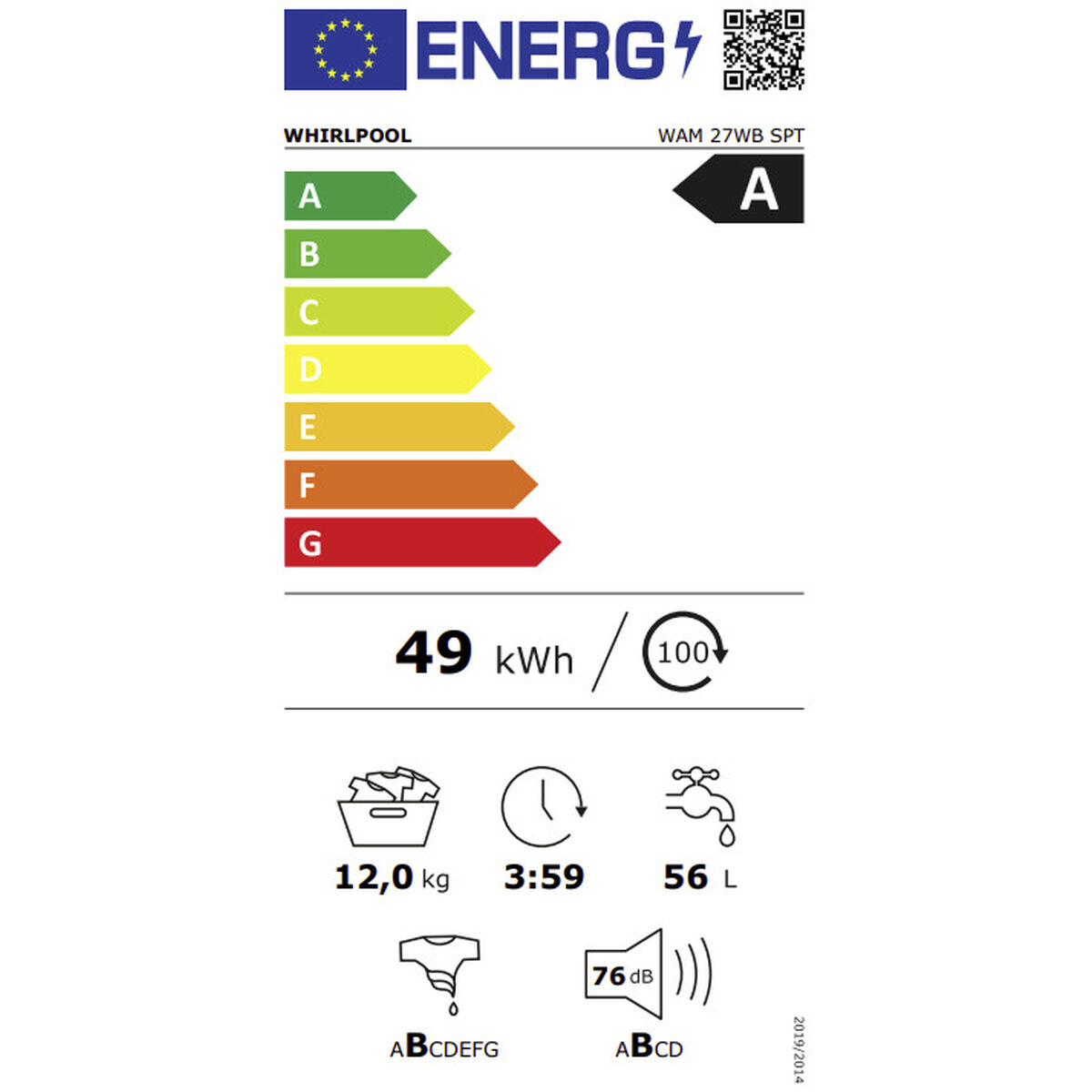 Etiqueta energética lavadora: 49 kWh/100 ciclos, 12kg, 3:59h, 56L, 76dB, Clase A.