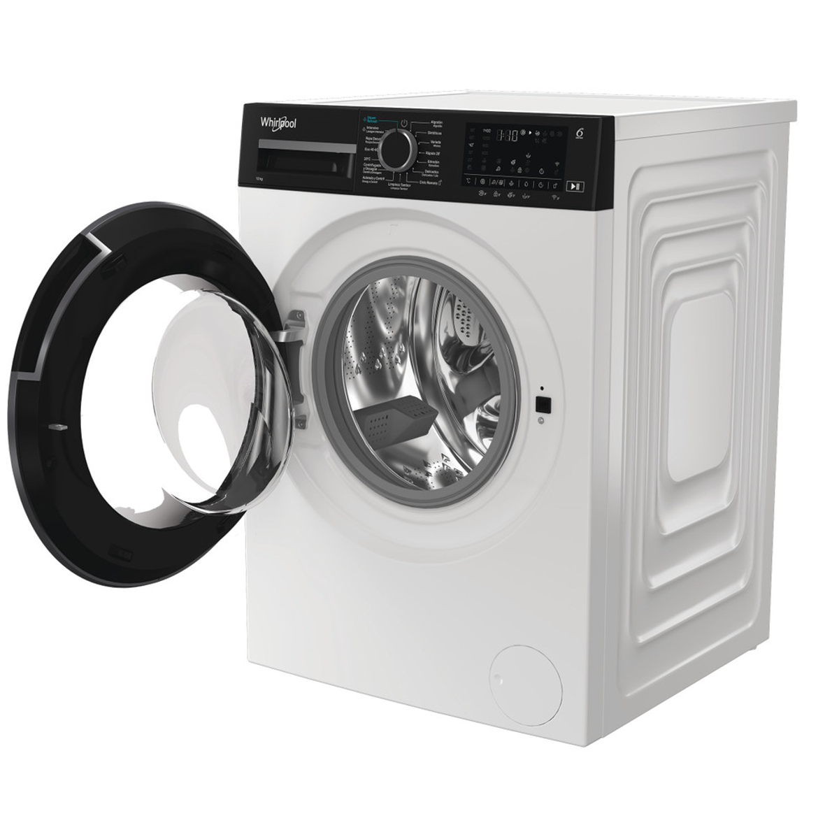Una lavadora Whirlpool blanca con la puerta negra abierta, mostrando el tambor plateado.