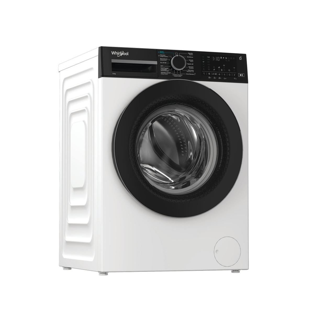 Lavadora blanca Whirlpool con ojo de buey y panel de control negros.
