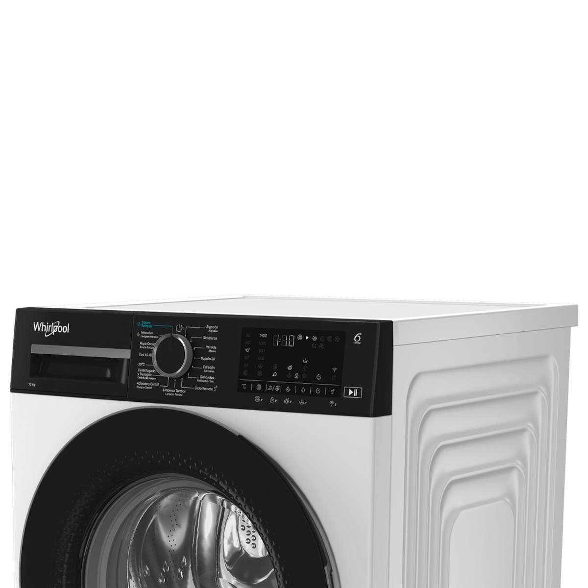 Una lavadora Whirlpool blanca con puerta y panel de control negros.