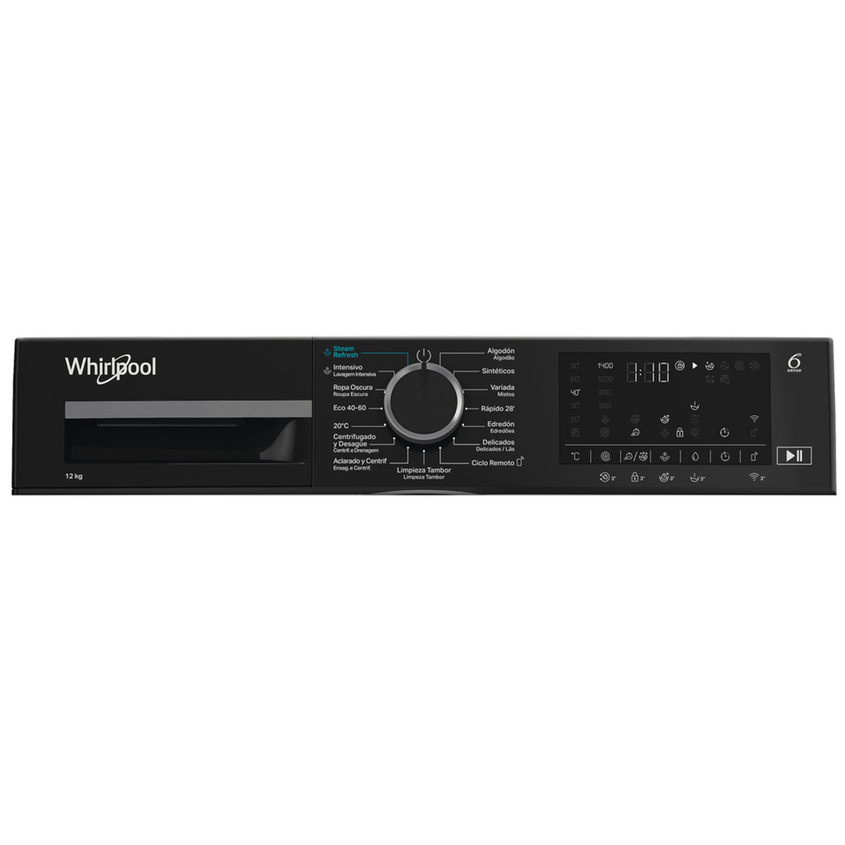 Panel de control de una lavadora Whirlpool negra con selección de programas y pantalla digital.