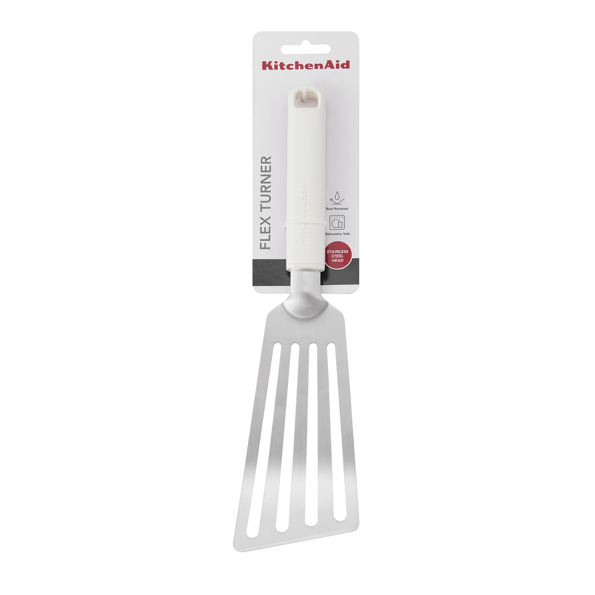 Ein weißer KitchenAid Flex Turner mit Edelstahlschlitzkopf.