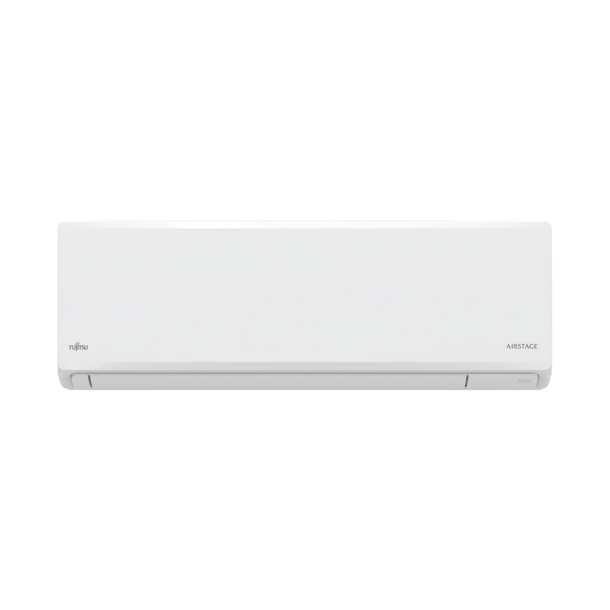 Una unidad de aire acondicionado Fujitsu AIRSTAGE blanca sobre fondo negro.