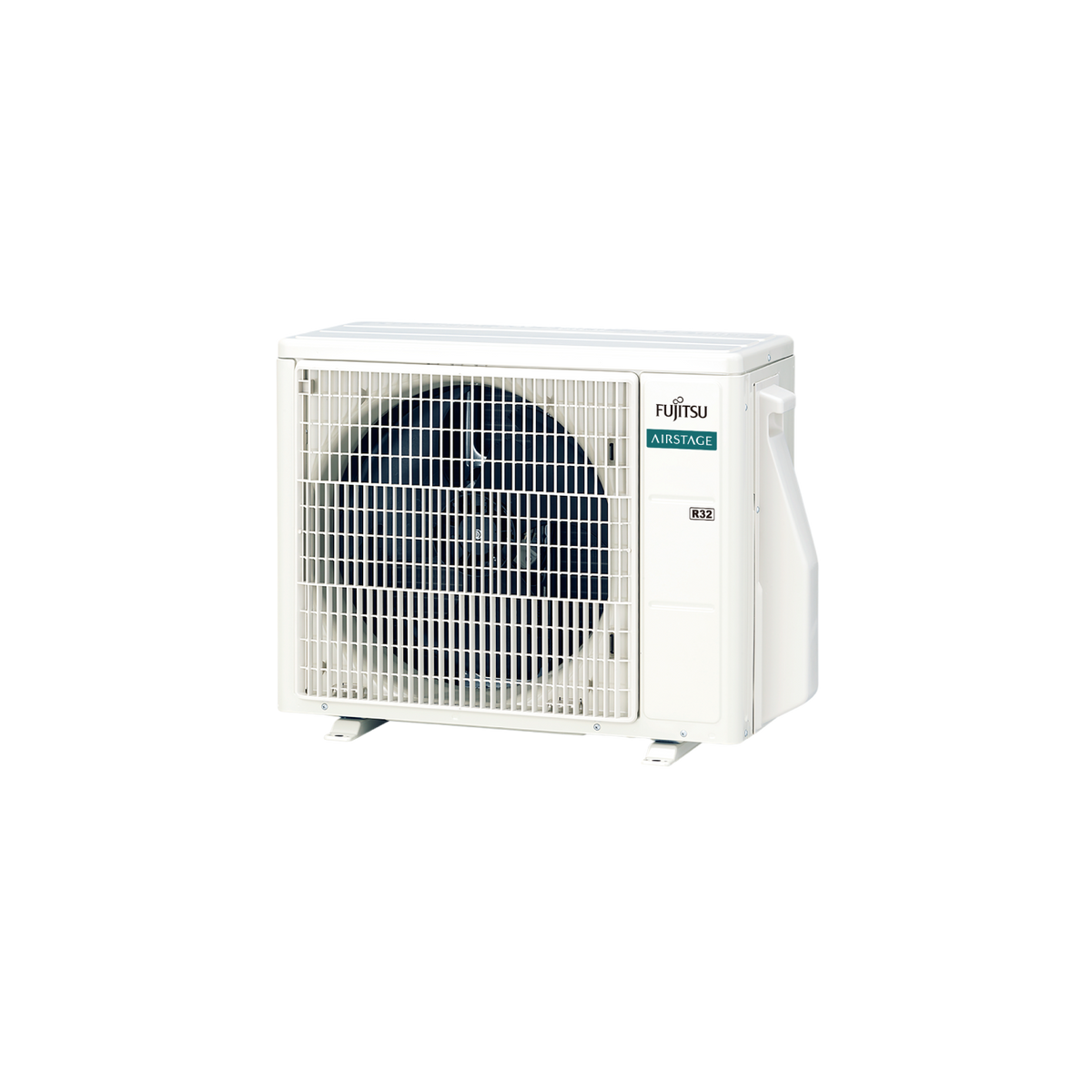 Una unidad exterior blanca de aire acondicionado con ventilador visible.