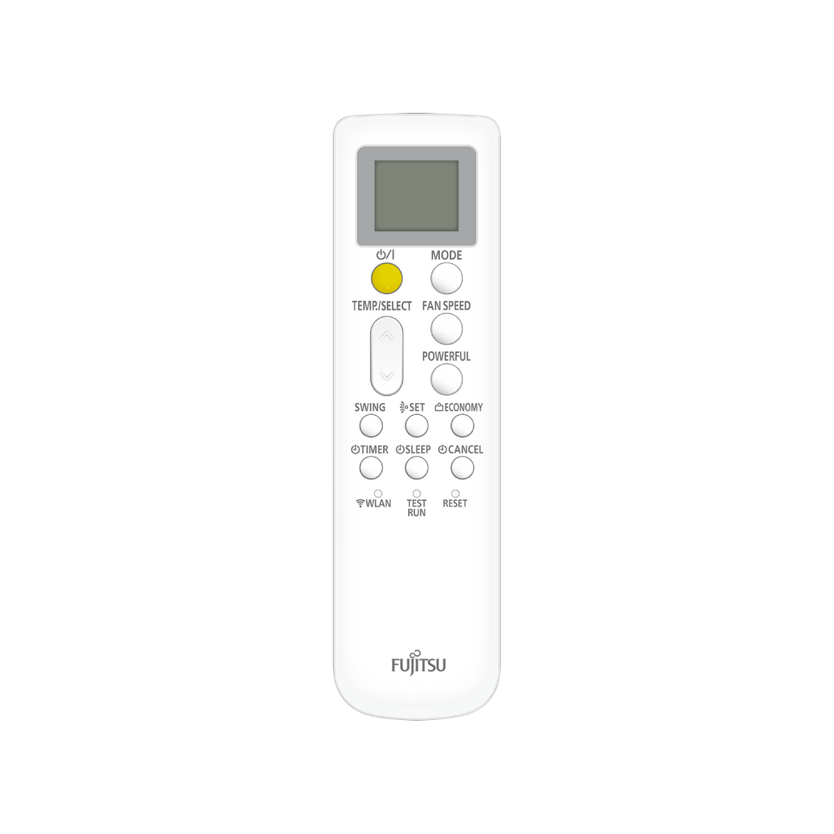 Un mando a distancia blanco para aire acondicionado con botones y pantalla.