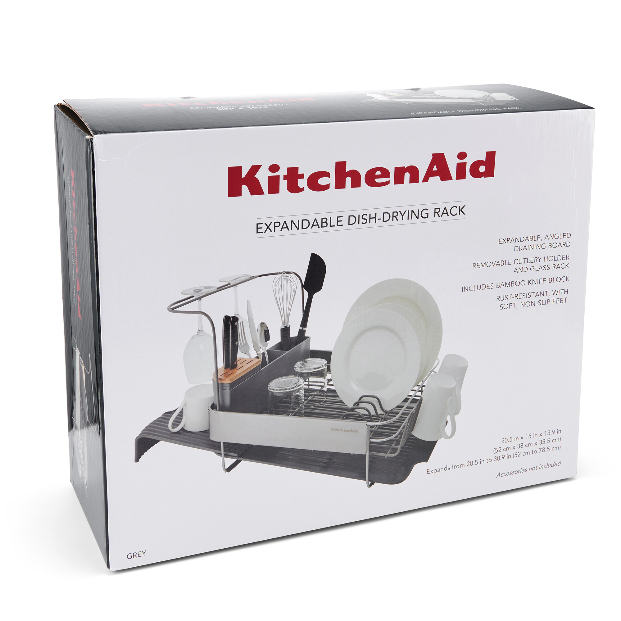 KitchenAid erweiterbare Geschirrtrockner-Box in Grau, zeigt Gestell mit Tellern und Utensilien.