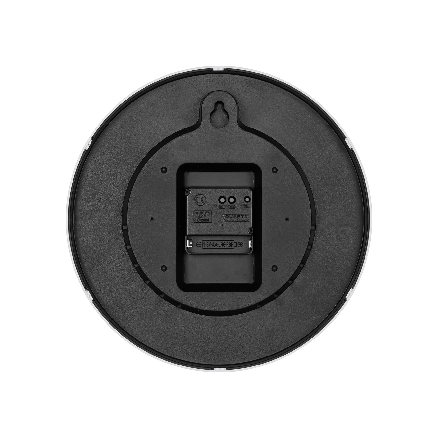 Rückseite einer runden Wanduhr mit Quarzwerk und Batteriefach.