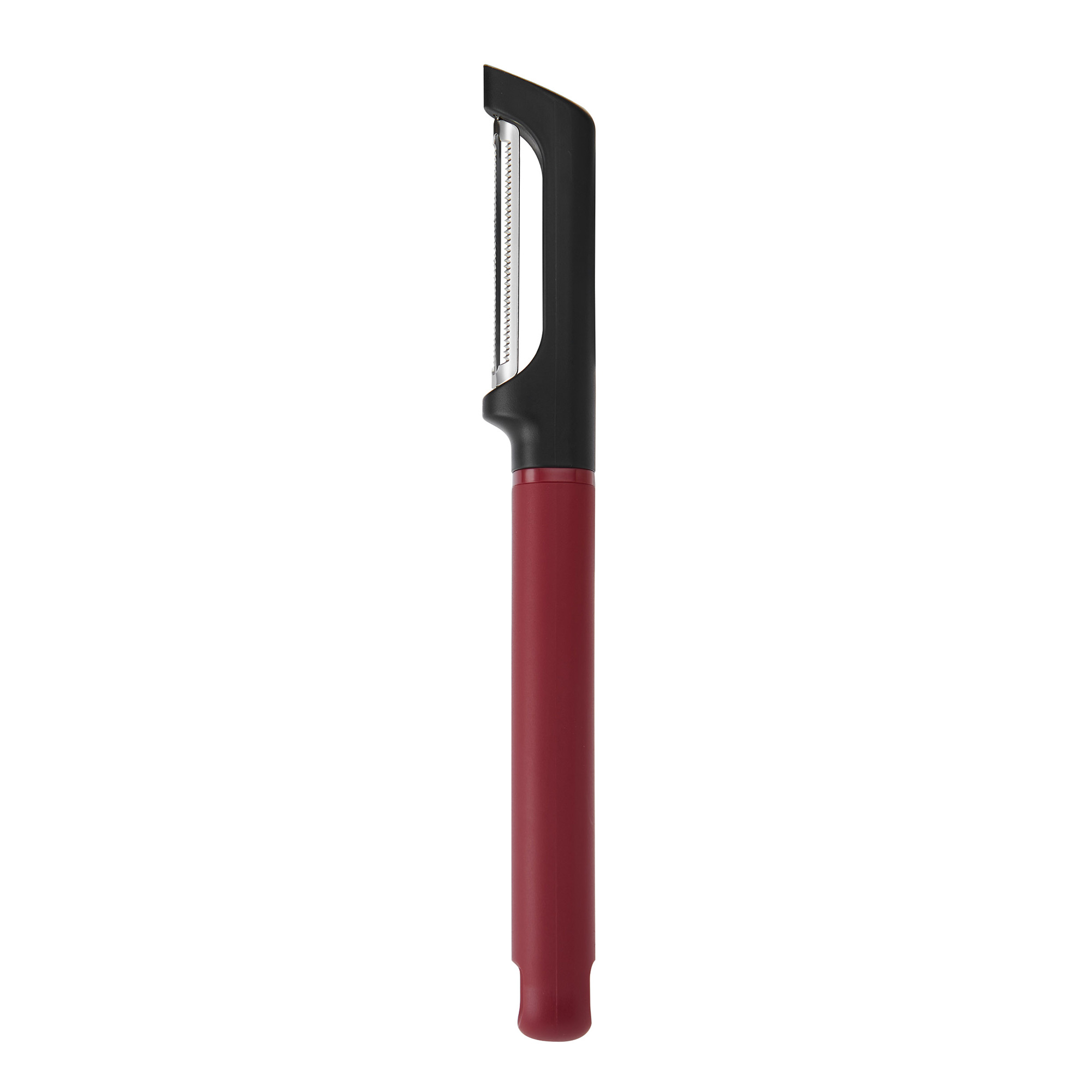 Ein schwarzer Sparschäler mit rot-braunem Griff, isoliert auf weißem Hintergrund.