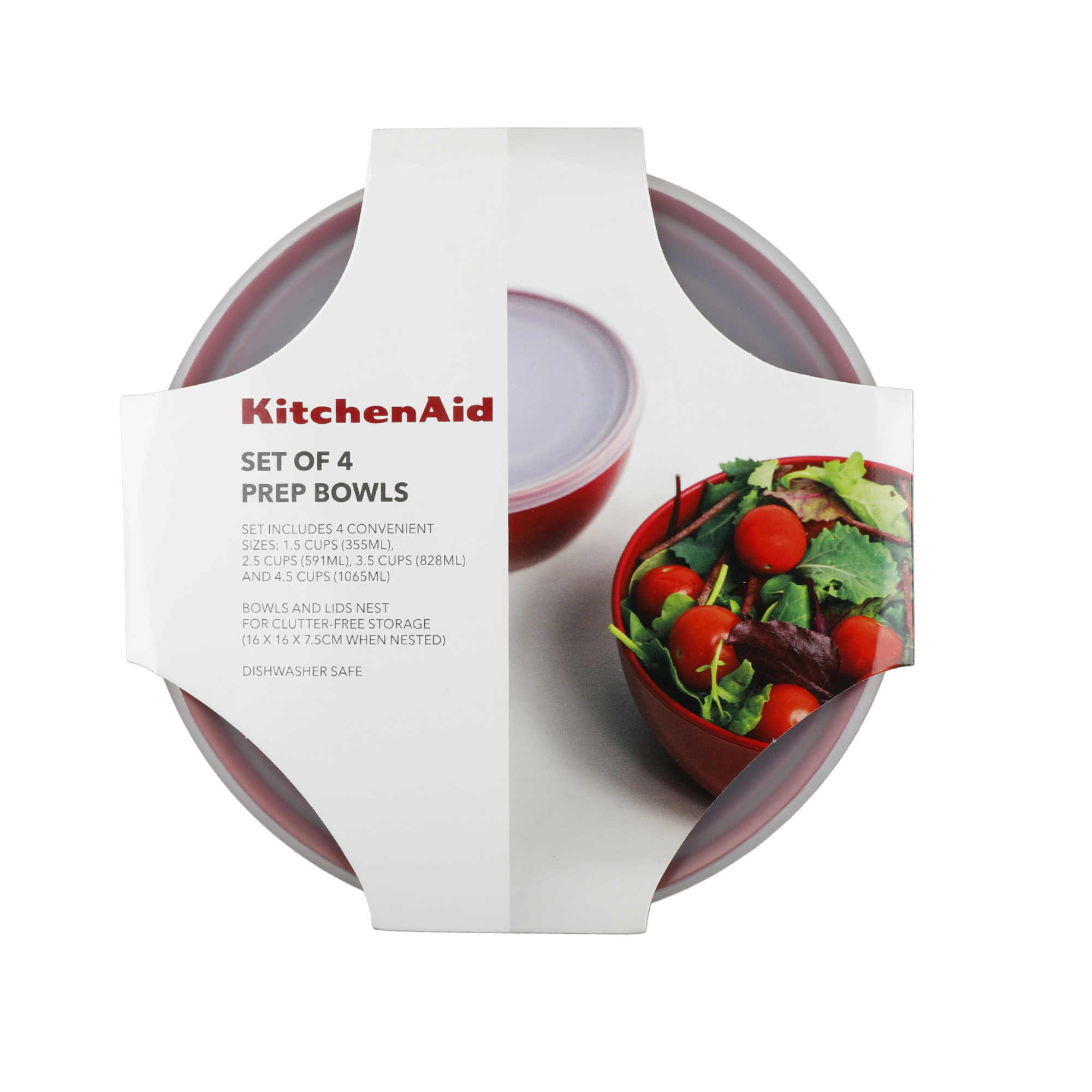 KitchenAid Schüsselset: 4 rote Schüsseln mit Deckeln, eine mit Salat gefüllt.