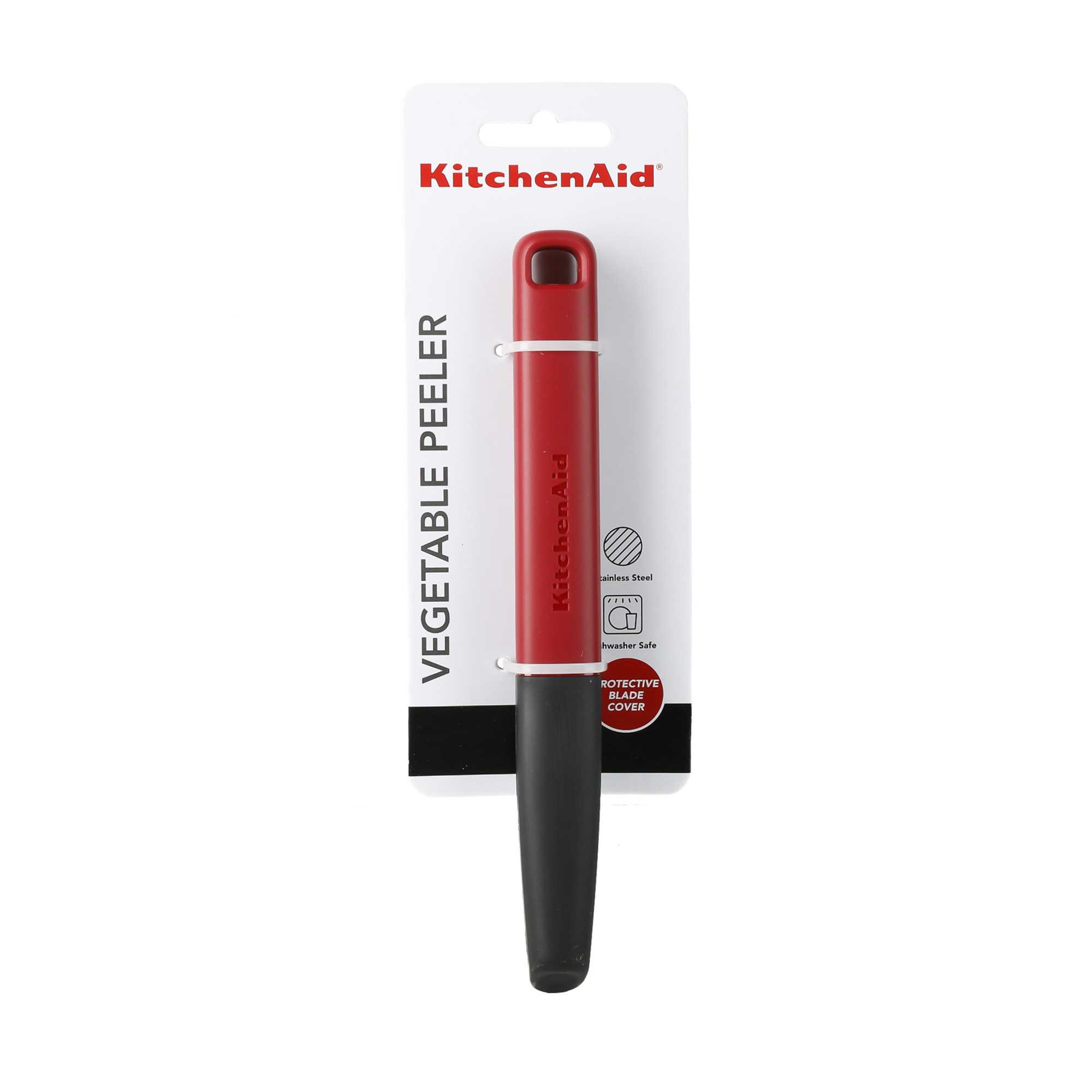 KitchenAid Gemüseschäler in Rot und Schwarz mit Klingenschutz.