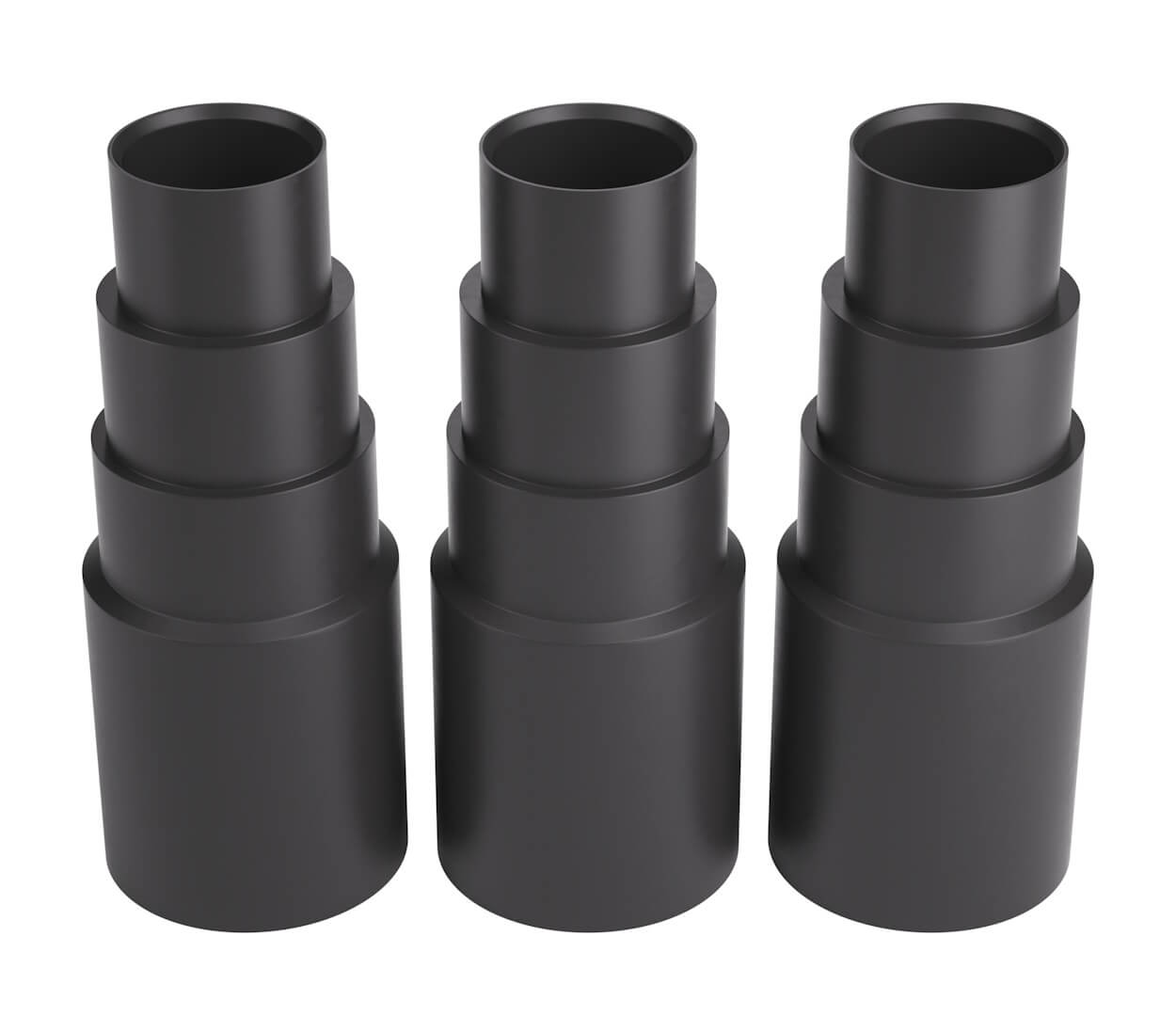 Drei schwarze, konische Adapter mit mehreren Stufen, nebeneinander.