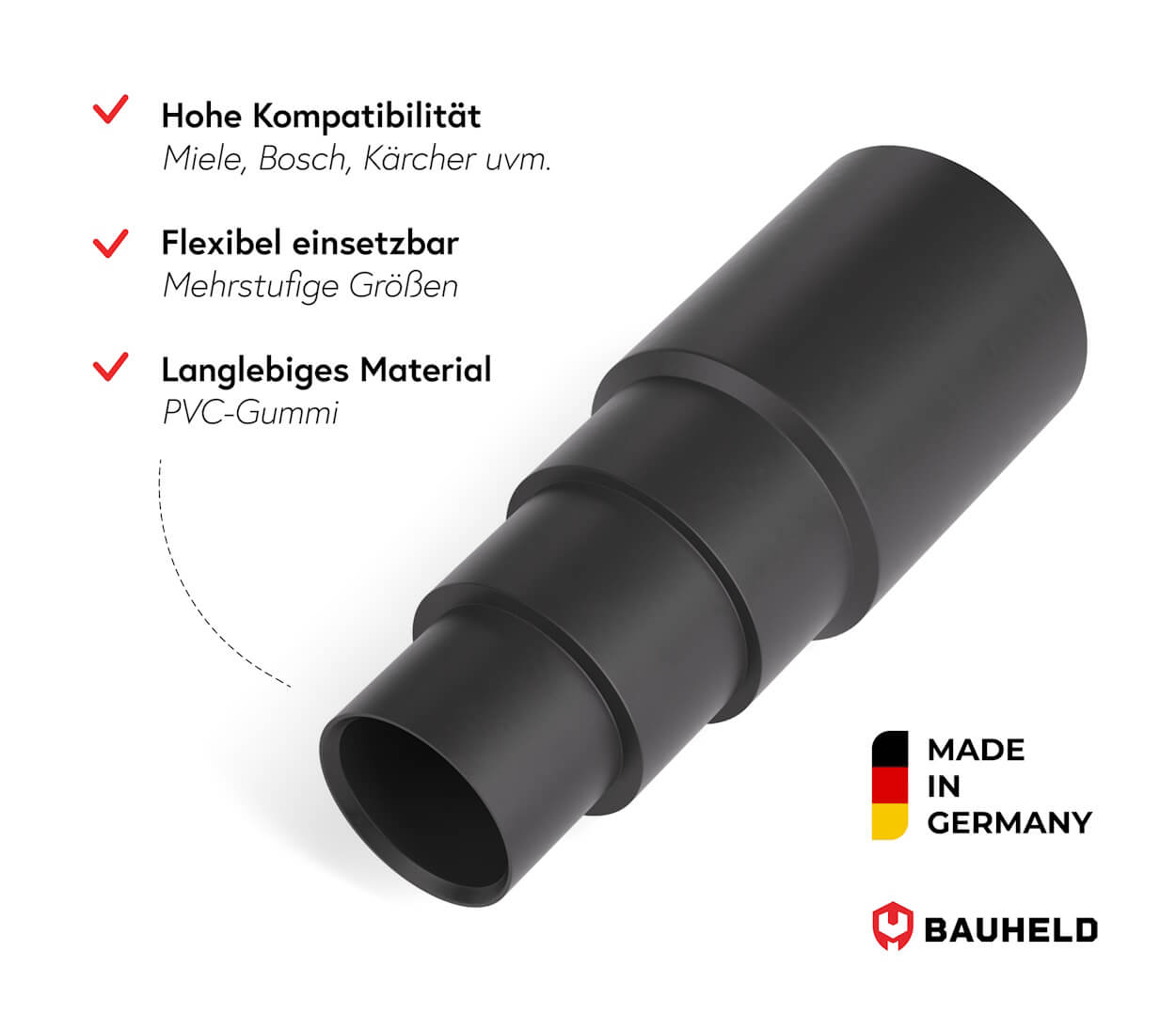 Schwarzer, konischer Schlauchadapter mit Merkmalen: hohe Kompatibilität, flexibel, langlebig.