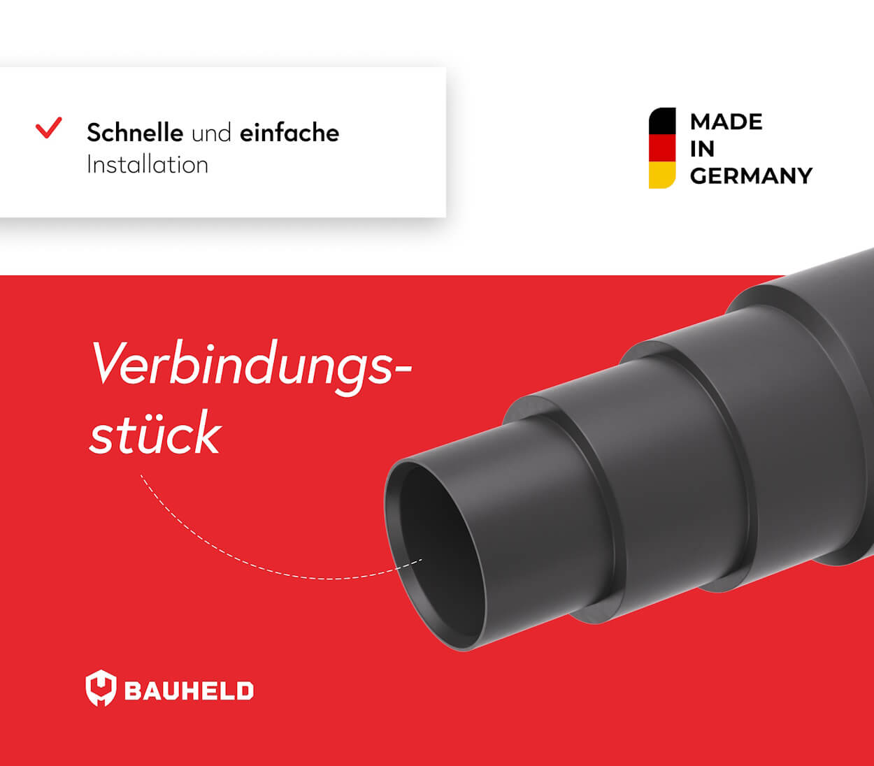 Ein schwarzes Verbindungsstück für einen Schlauch mit gestuften Ringen. "Made in Germany".