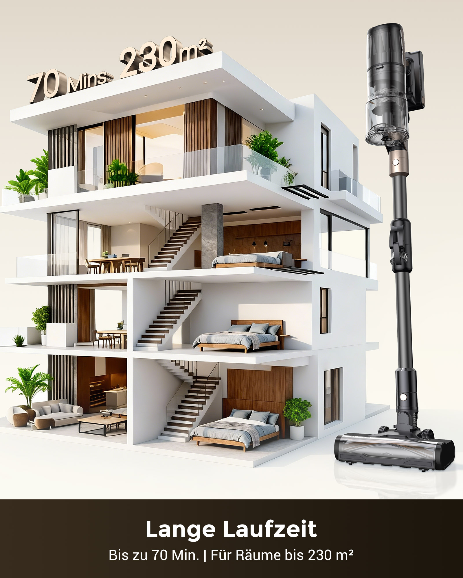 Ein modernes Haus mit mehreren Etagen und ein Staubsauger. 70 Min. 230 m².