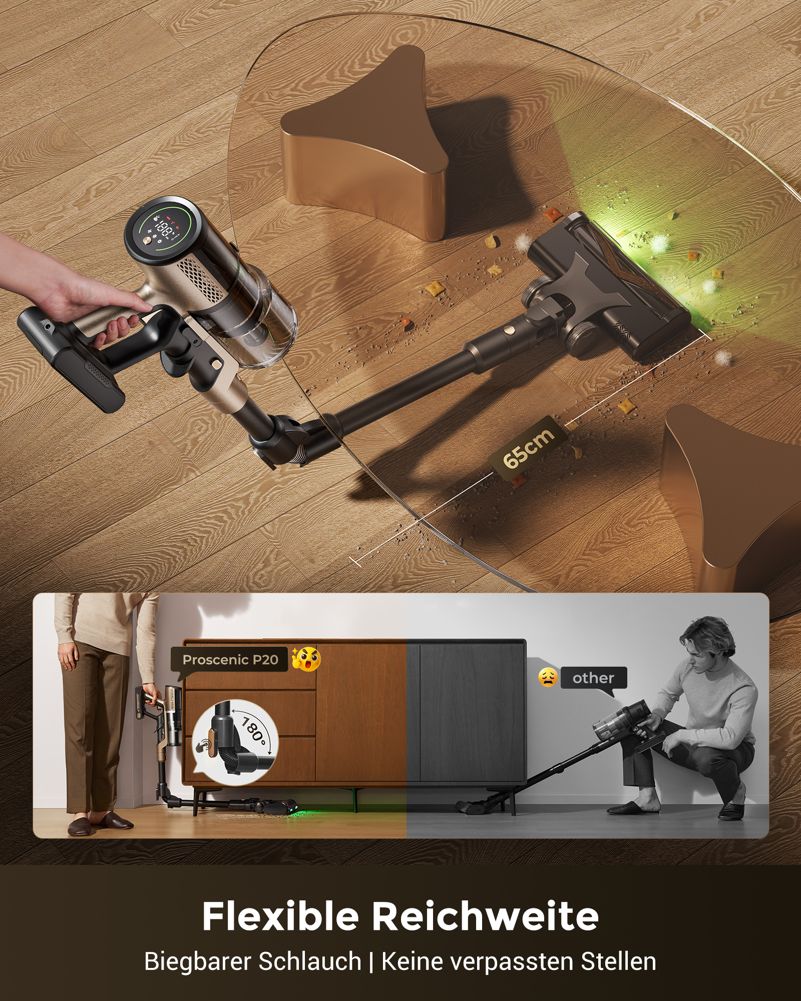 Ein Mann hält einen Staubsauger, der auf einem Holzboden reinigt. Unten wird die Flexibilität gezeigt.