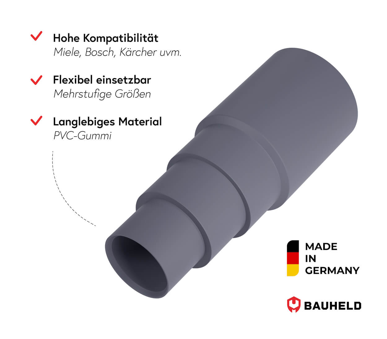 Grauer flexibler Schlauch mit Stufen, Made in Germany Logo.